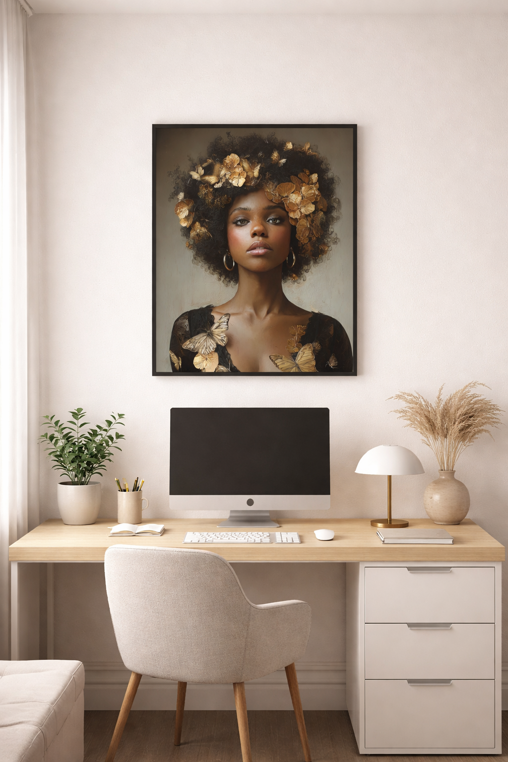 Black Woman Wall Art Canvas – Afro Gold Floral Portrait
