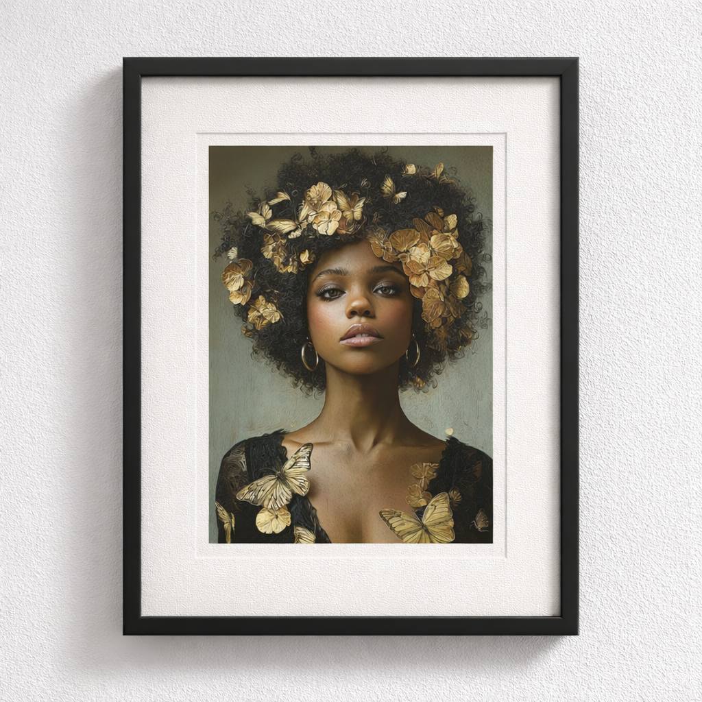 Black Woman Wall Art Canvas – Afro Gold Floral Portrait