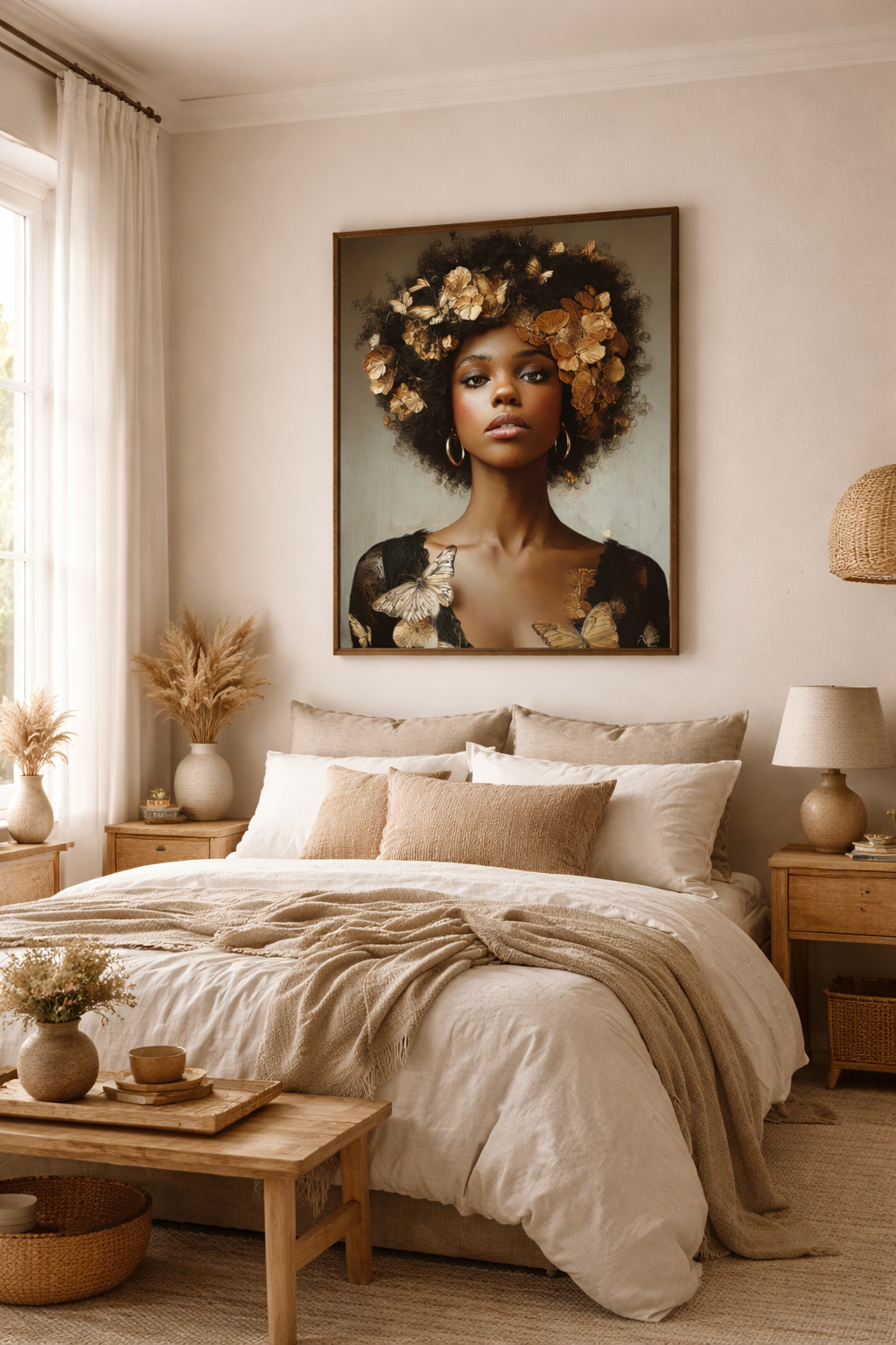 Black Woman Wall Art Canvas – Afro Gold Floral Portrait