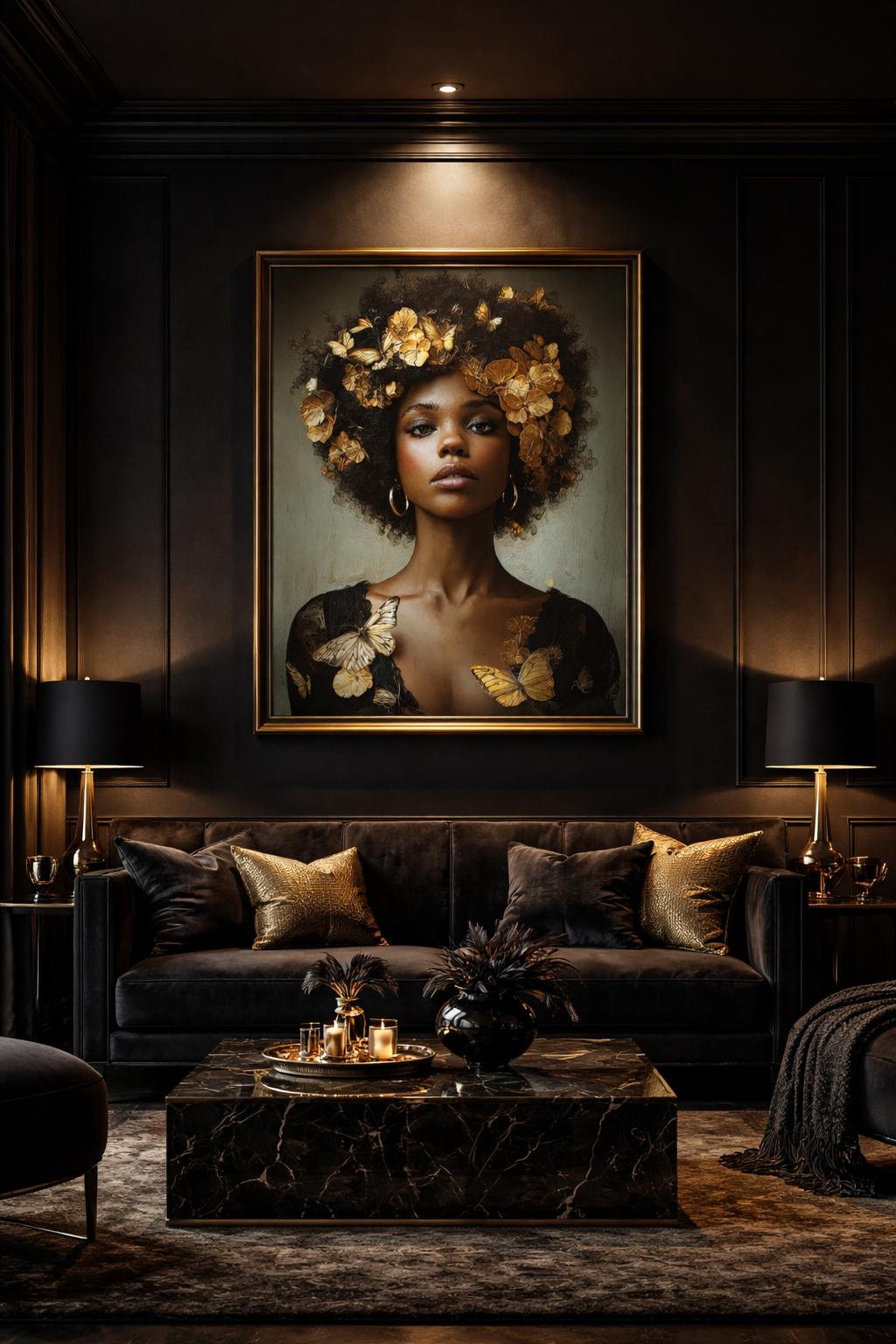 Black Woman Wall Art Canvas – Afro Gold Floral Portrait