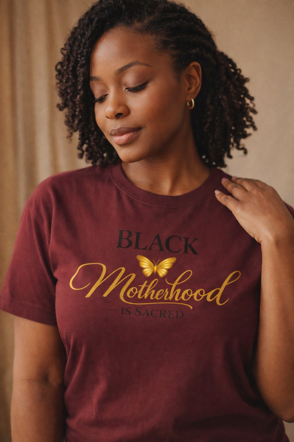 Motherhood T-Shirt — "Black Motherhood Is Sacred" Gold Butterfly Tee