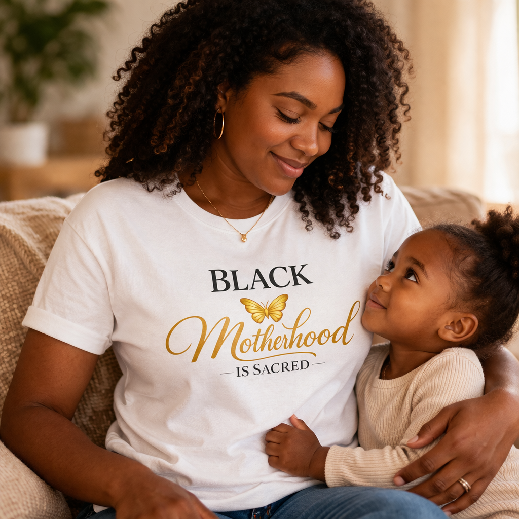 Motherhood T-Shirt — "Black Motherhood Is Sacred" Gold Butterfly Tee