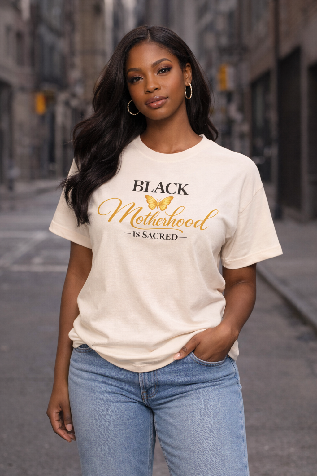 Motherhood T-Shirt — "Black Motherhood Is Sacred" Gold Butterfly Tee