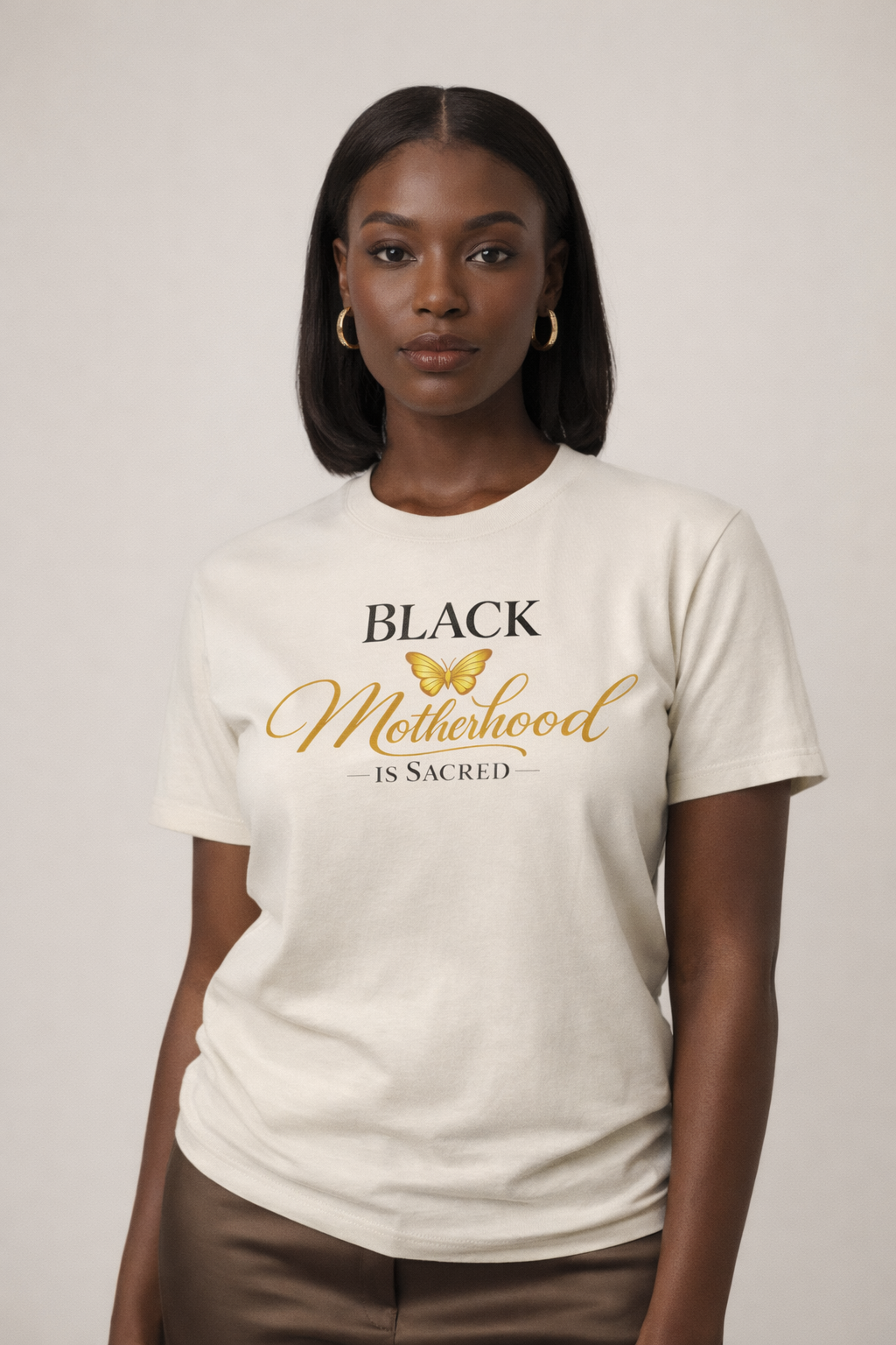 Motherhood T-Shirt — "Black Motherhood Is Sacred" Gold Butterfly Tee