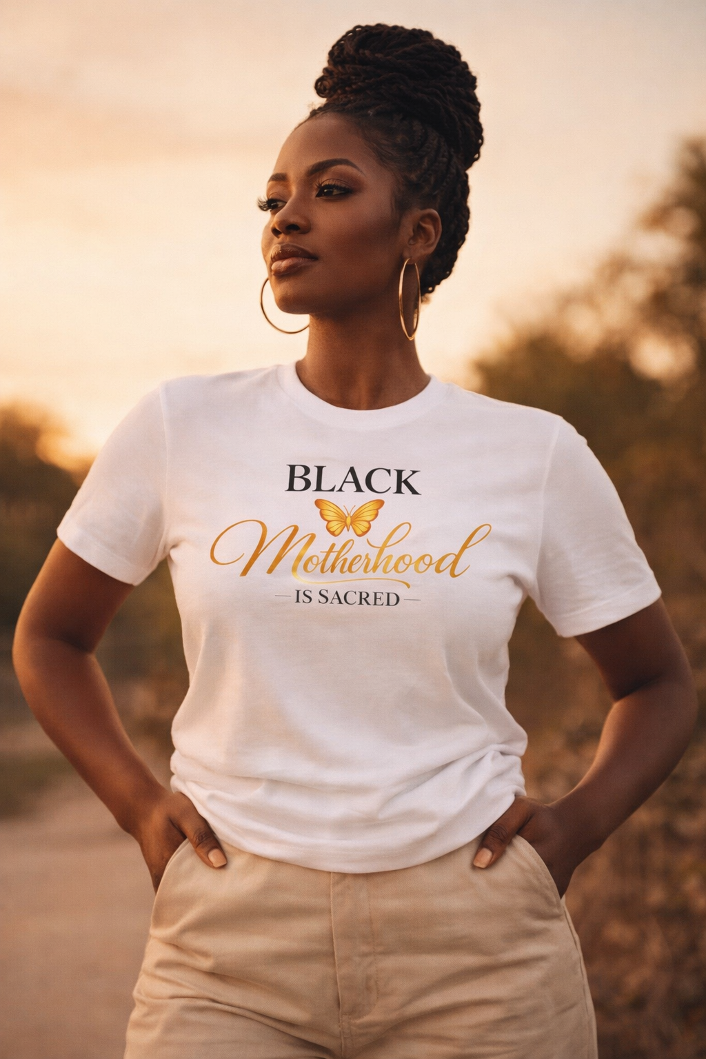 Motherhood T-Shirt — "Black Motherhood Is Sacred" Gold Butterfly Tee