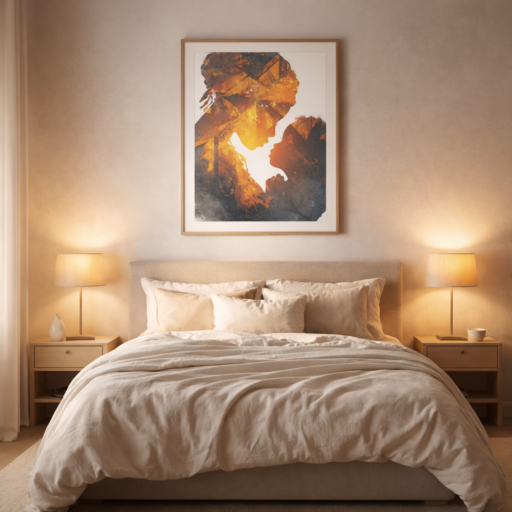 Mother and Child Silhouette Canvas Print — Warm Double Exposure Art