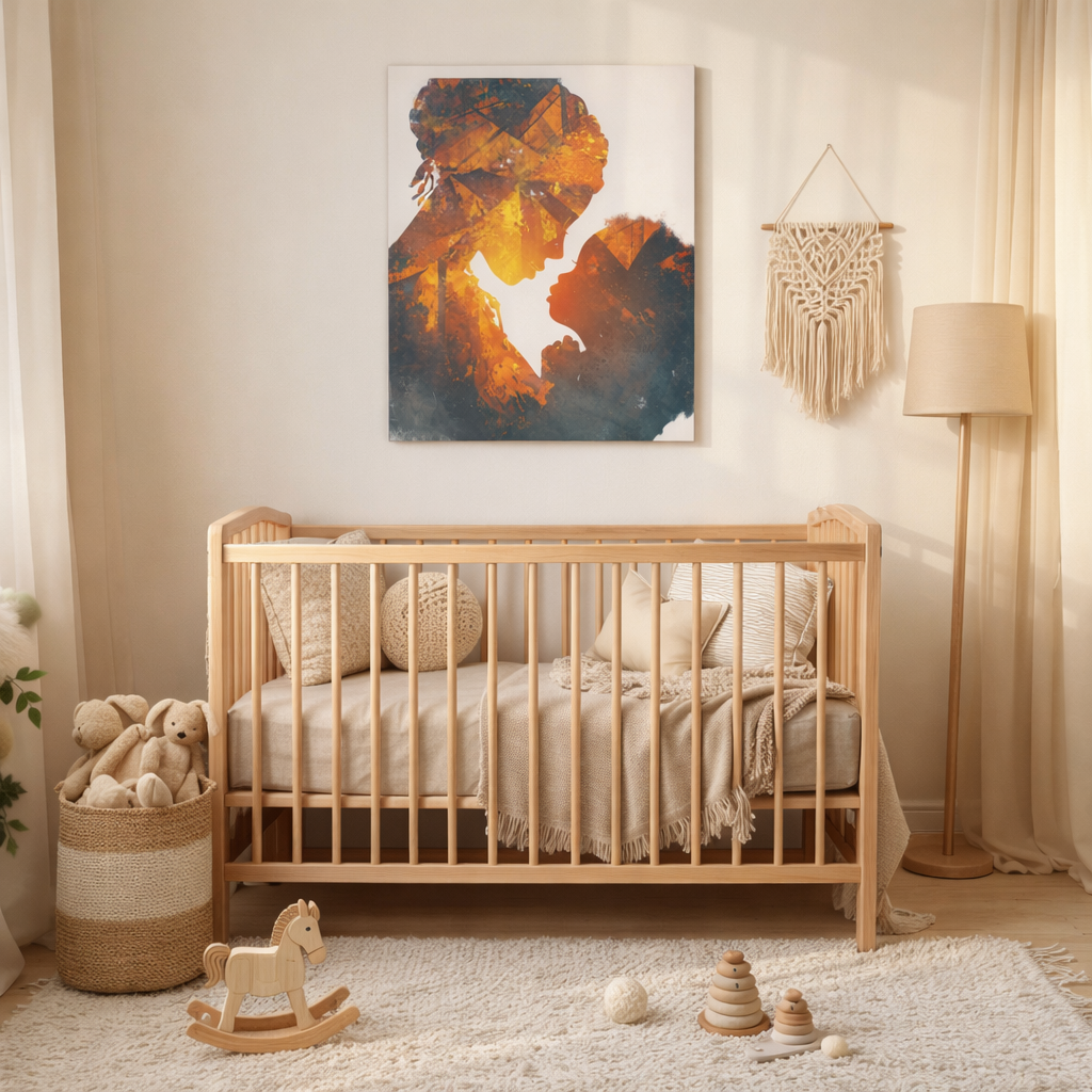 Mother and Child Silhouette Canvas Print — Warm Double Exposure Art