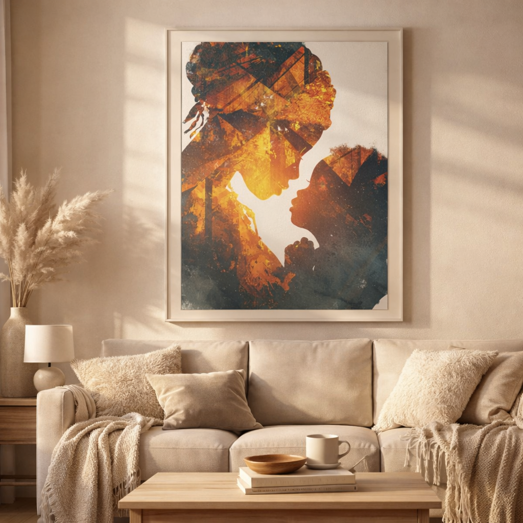 Mother and Child Silhouette Canvas Print — Warm Double Exposure Art