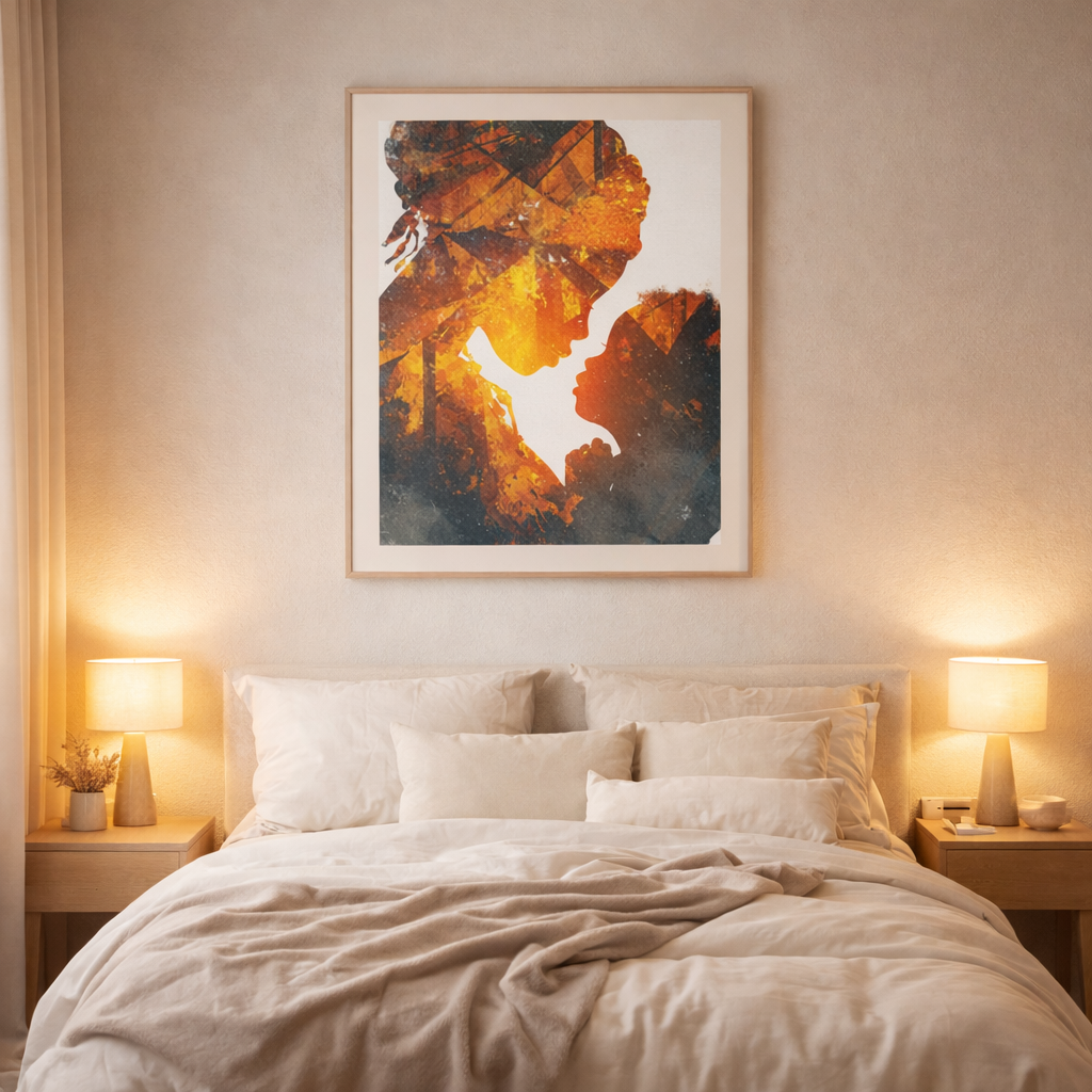 Mother and Child Silhouette Canvas Print — Warm Double Exposure Art