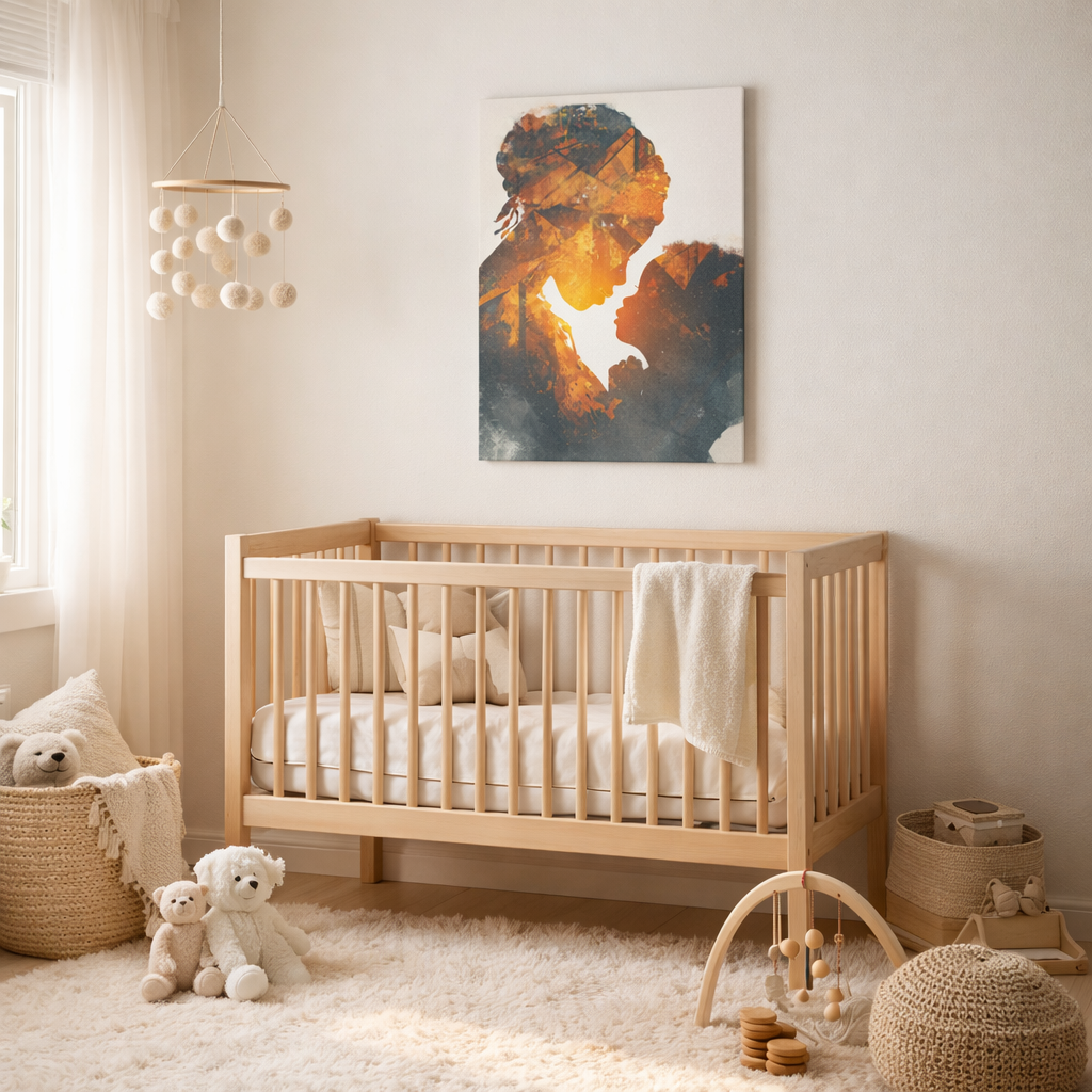 Mother and Child Silhouette Canvas Print — Warm Double Exposure Art