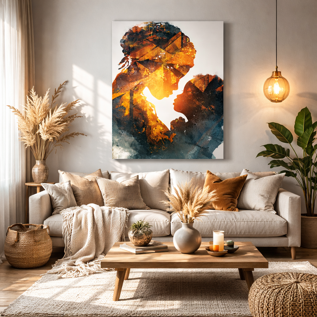 Mother and Child Silhouette Canvas Print — Warm Double Exposure Art