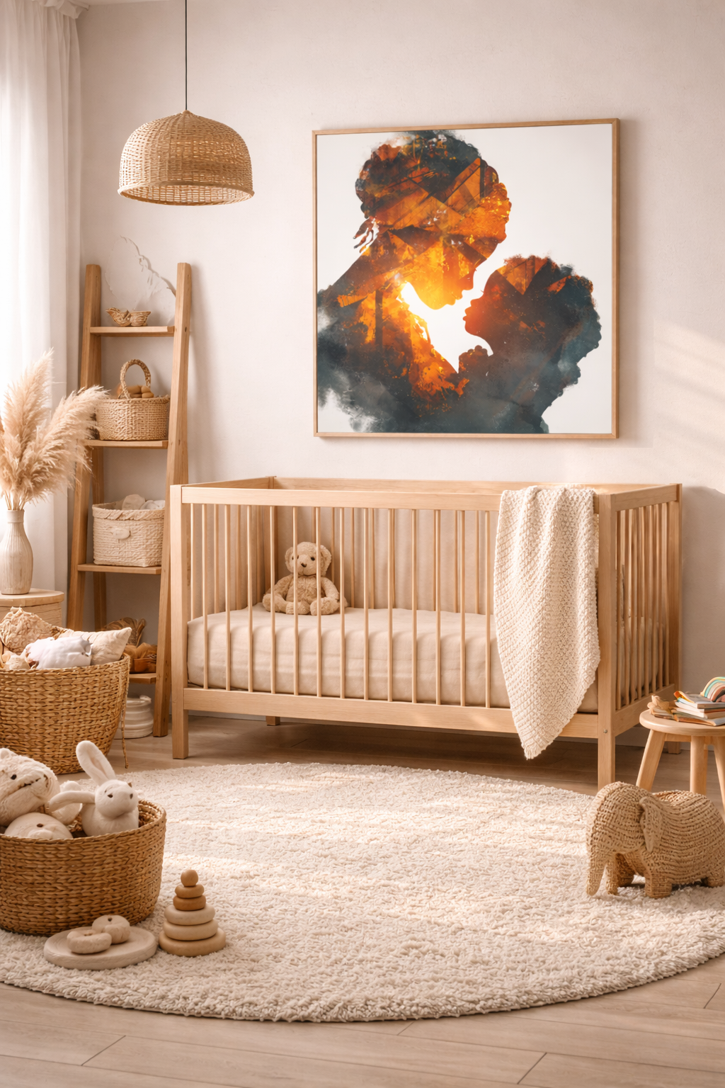 Mother and Child Silhouette Canvas Print — Warm Double Exposure Art