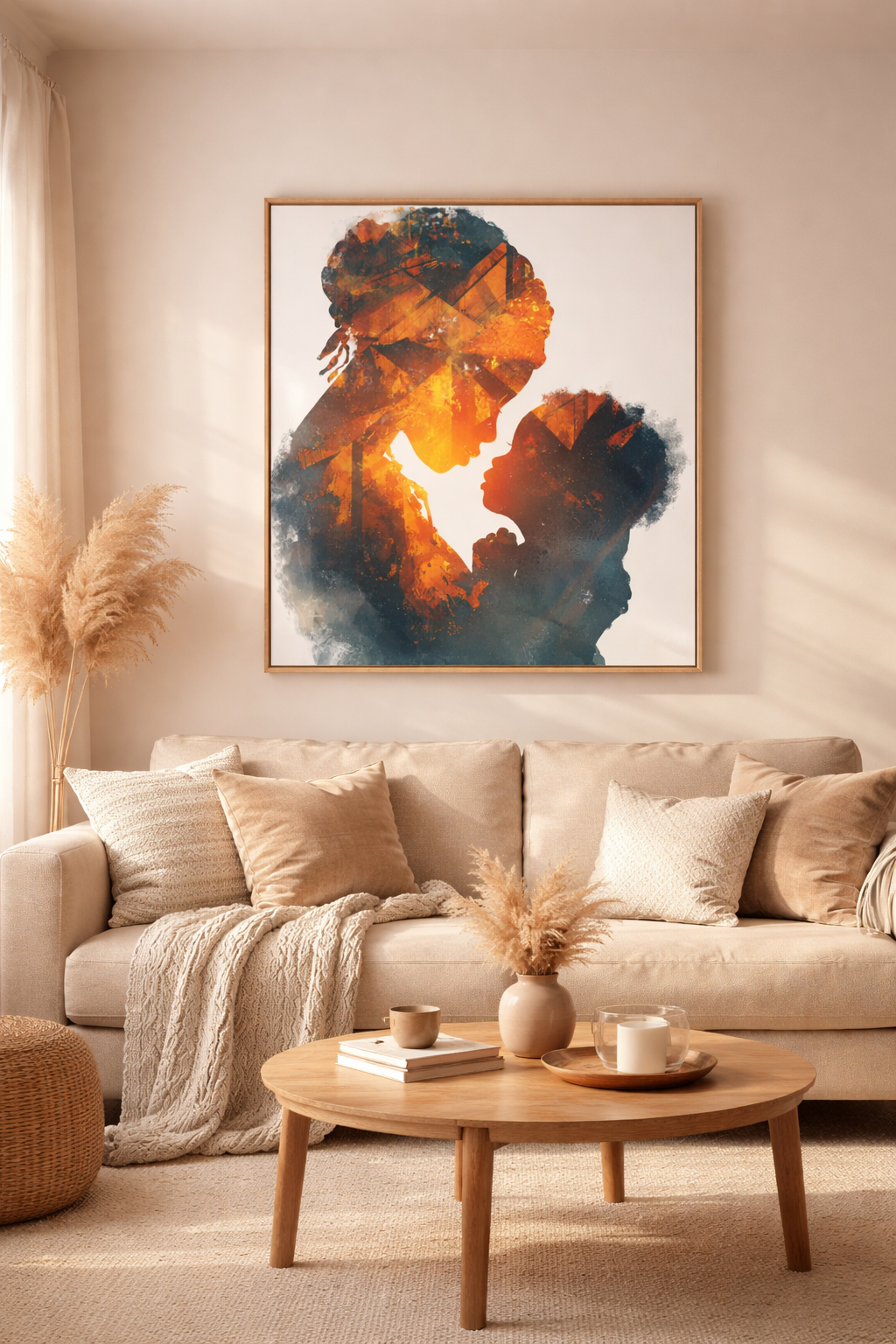 Mother and Child Silhouette Canvas Print — Warm Double Exposure Art