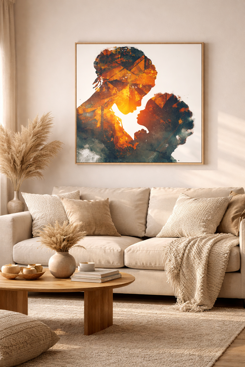 Mother and Child Silhouette Canvas Print — Warm Double Exposure Art