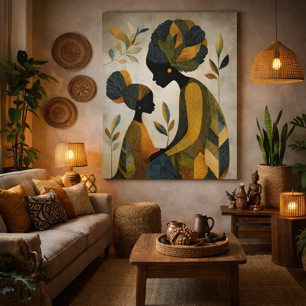 Mother and Daughter Abstract Art Canvas Print — African-Inspired Family Wall Decor