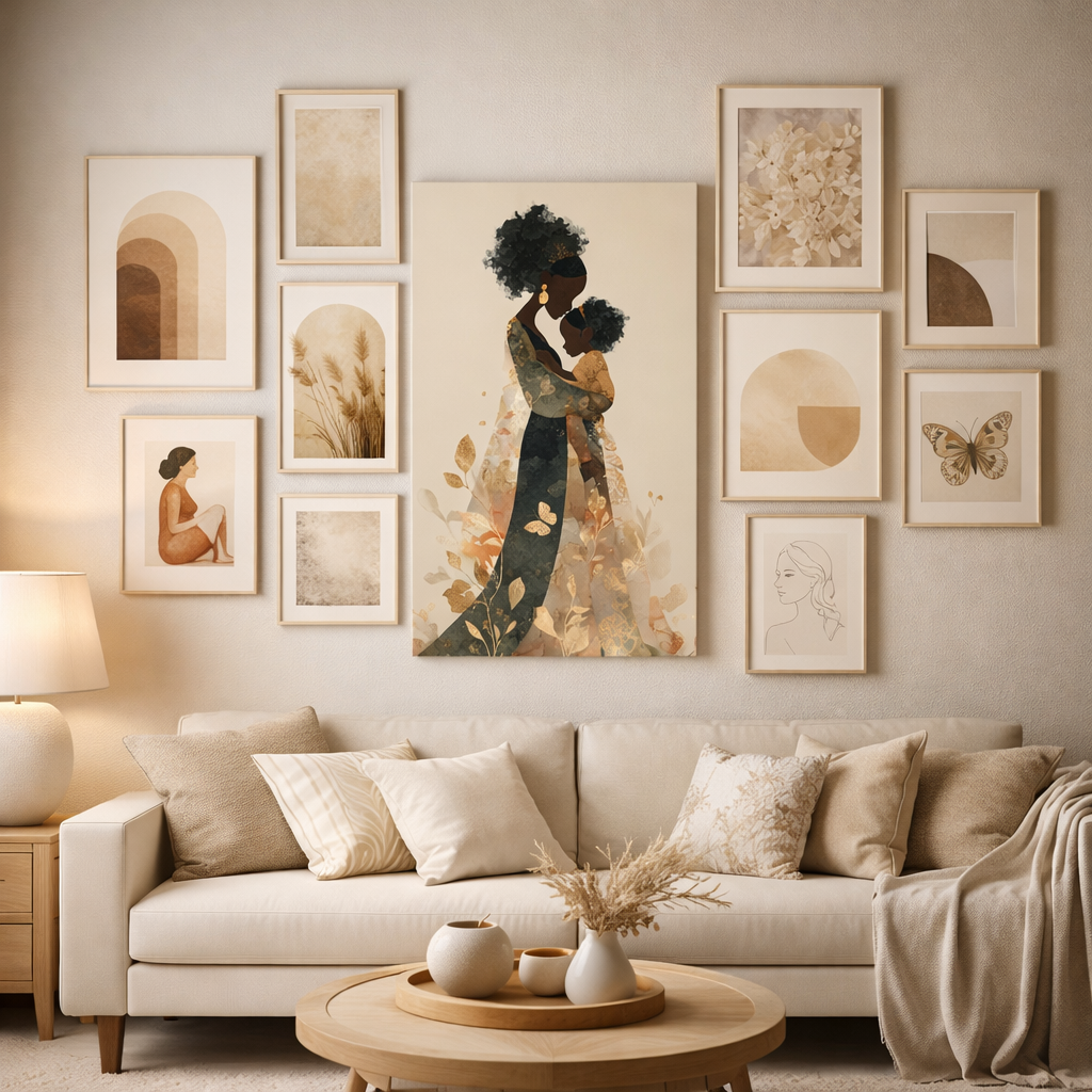 Mother & Child Art Canvas — African American Silhouette Matte Stretched Wall Art