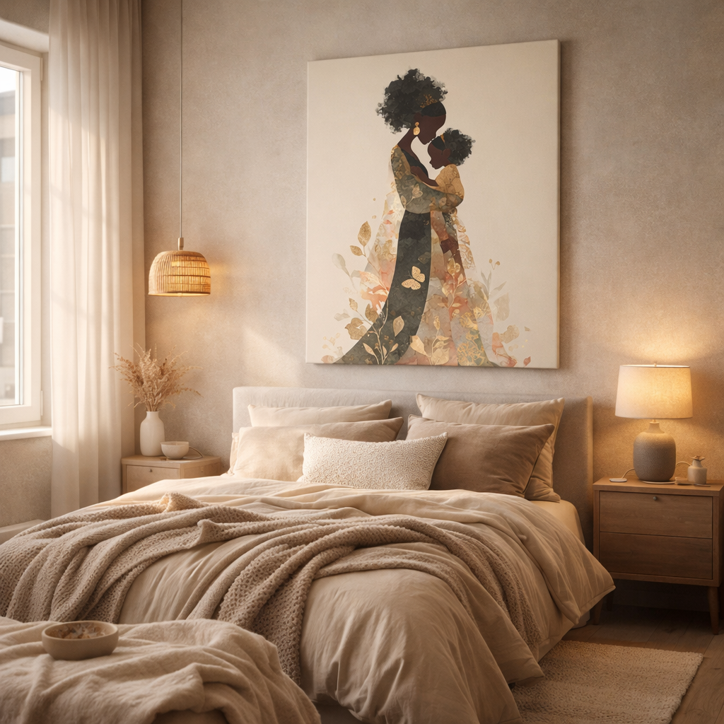 Mother & Child Art Canvas — African American Silhouette Matte Stretched Wall Art