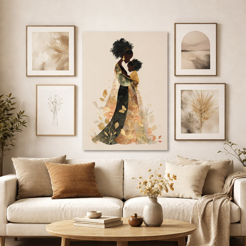 Mother & Child Art Canvas — African American Silhouette Matte Stretched Wall Art