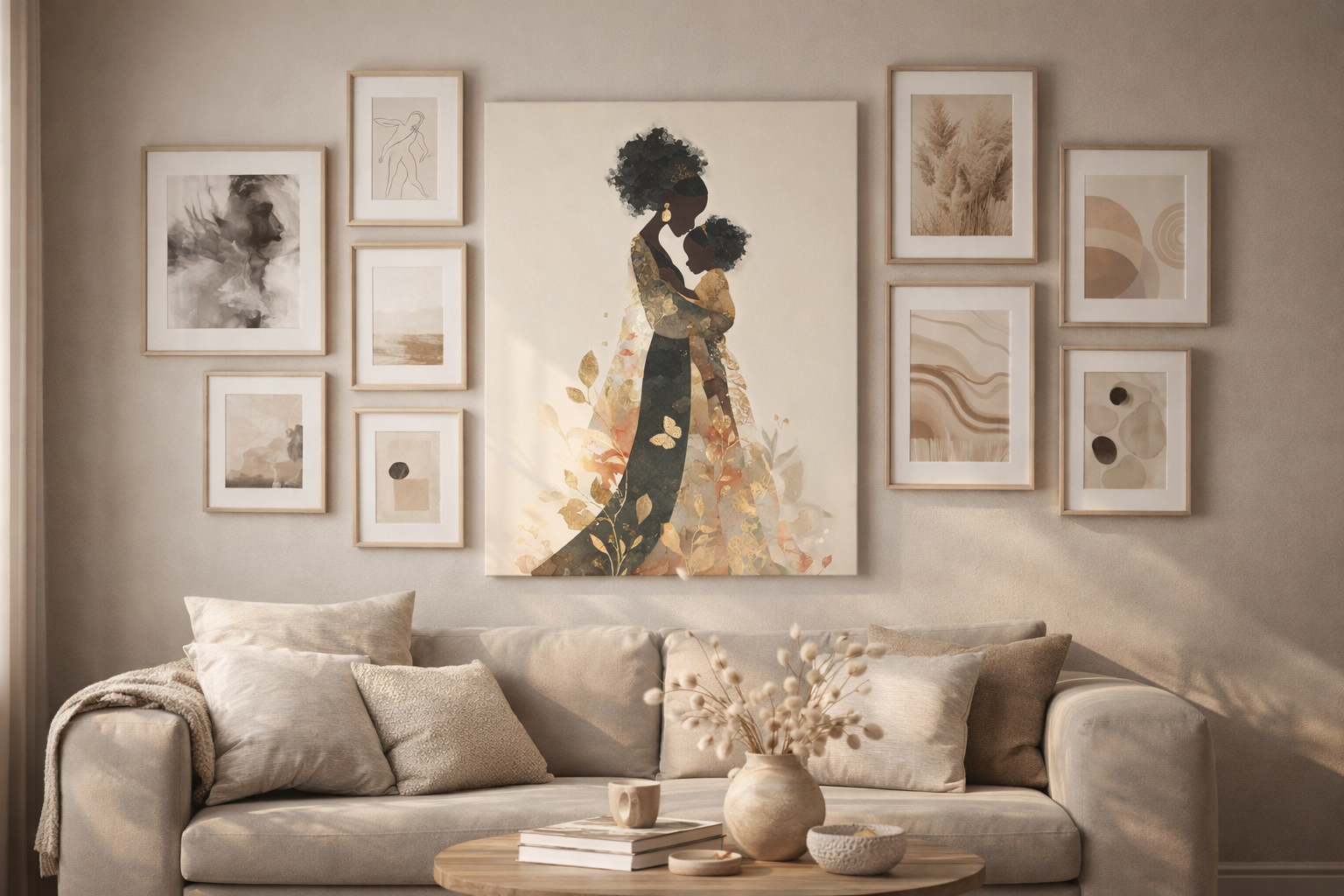 Mother & Child Art Canvas — African American Silhouette Matte Stretched Wall Art