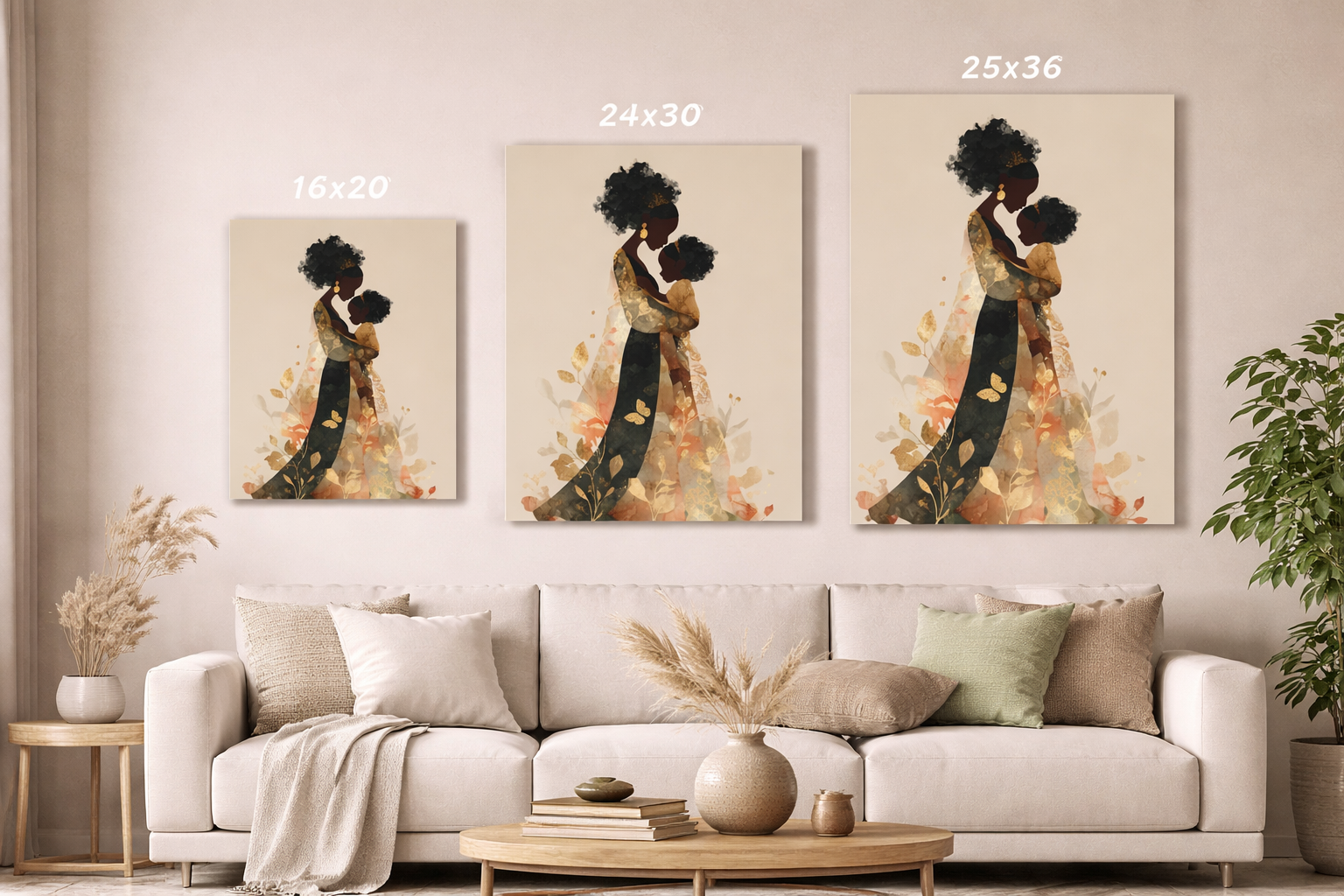 Mother & Child Art Canvas — African American Silhouette Matte Stretched Wall Art