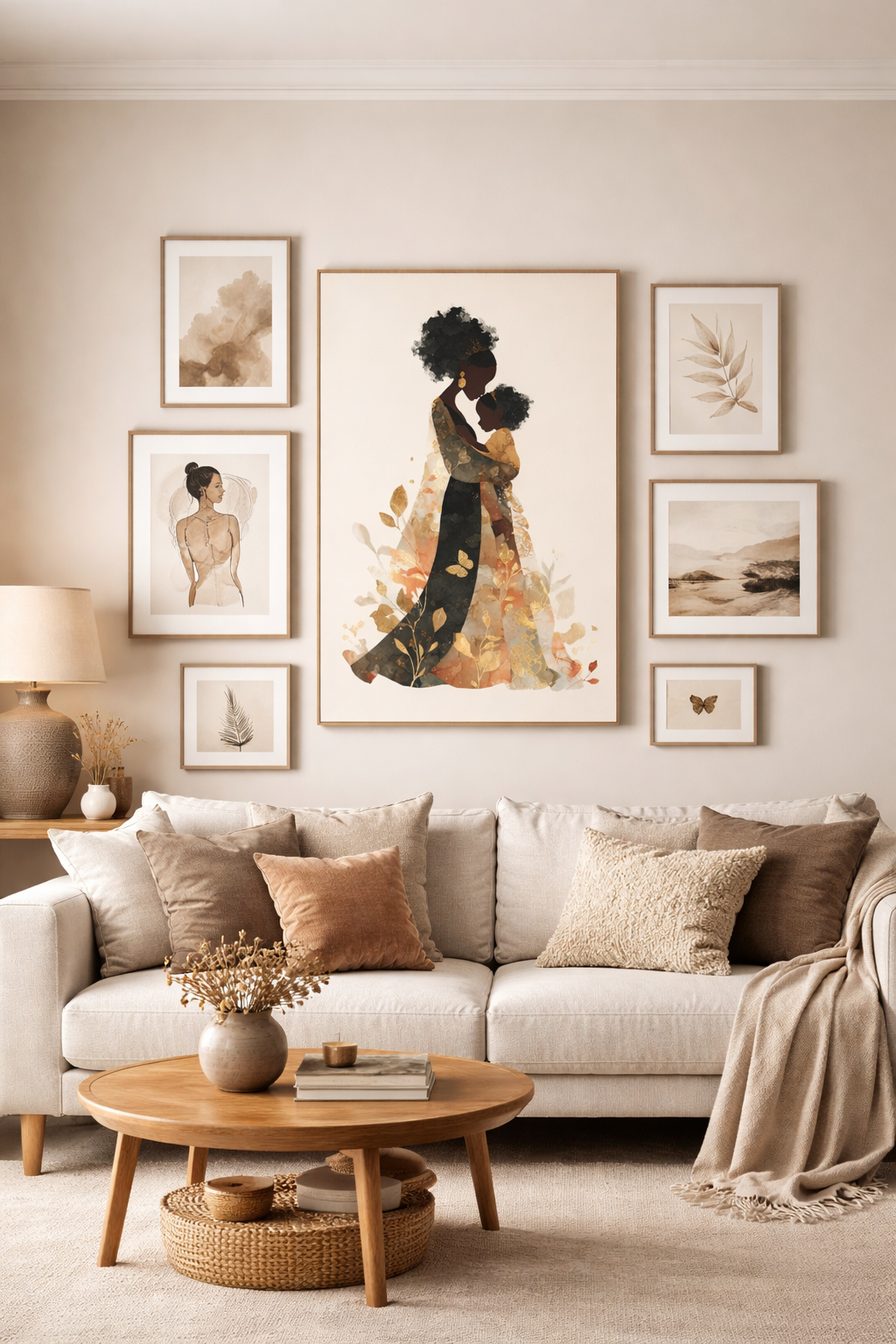 Mother & Child Art Canvas — African American Silhouette Matte Stretched Wall Art
