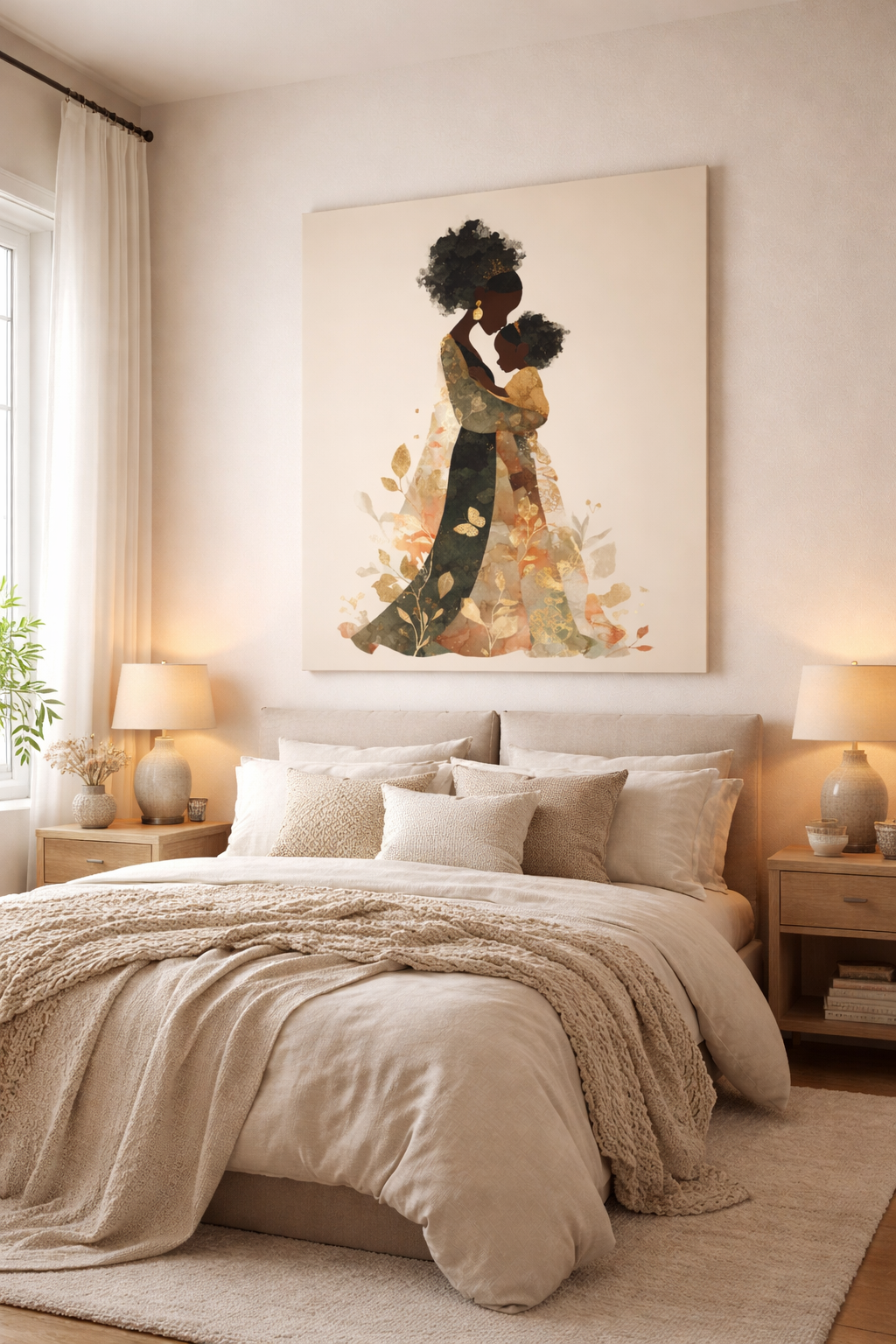 Mother & Child Art Canvas — African American Silhouette Matte Stretched Wall Art