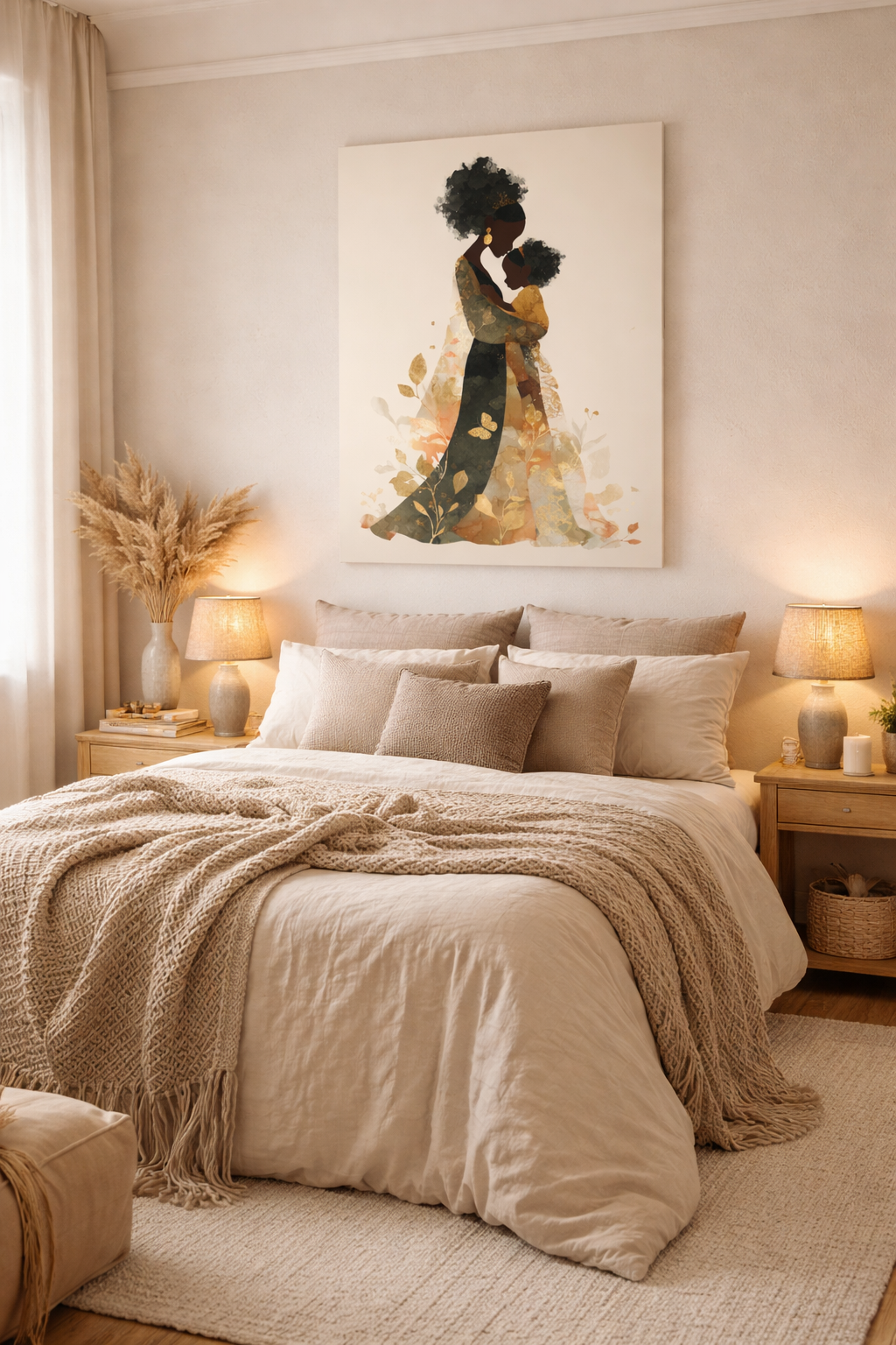 Mother & Child Art Canvas — African American Silhouette Matte Stretched Wall Art
