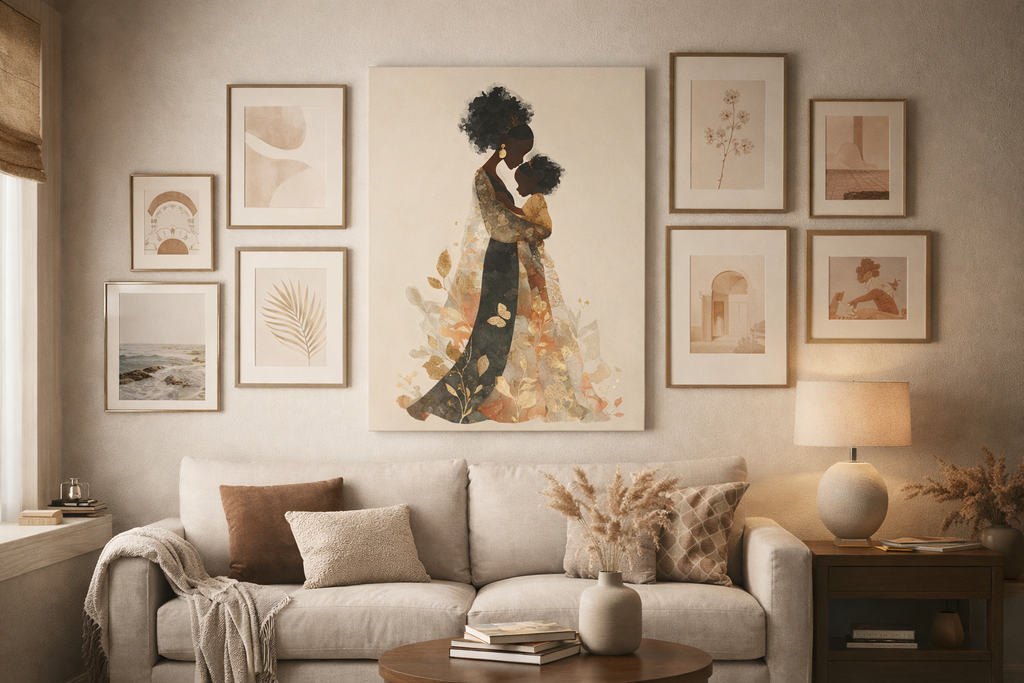 Mother & Child Art Canvas — African American Silhouette Matte Stretched Wall Art
