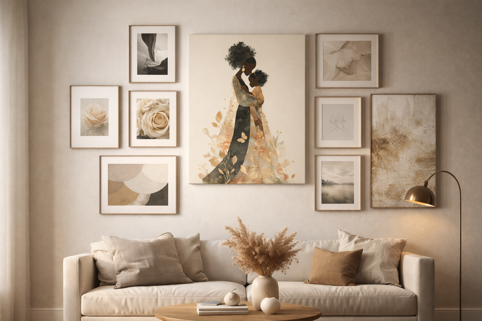 Mother & Child Art Canvas — African American Silhouette Matte Stretched Wall Art