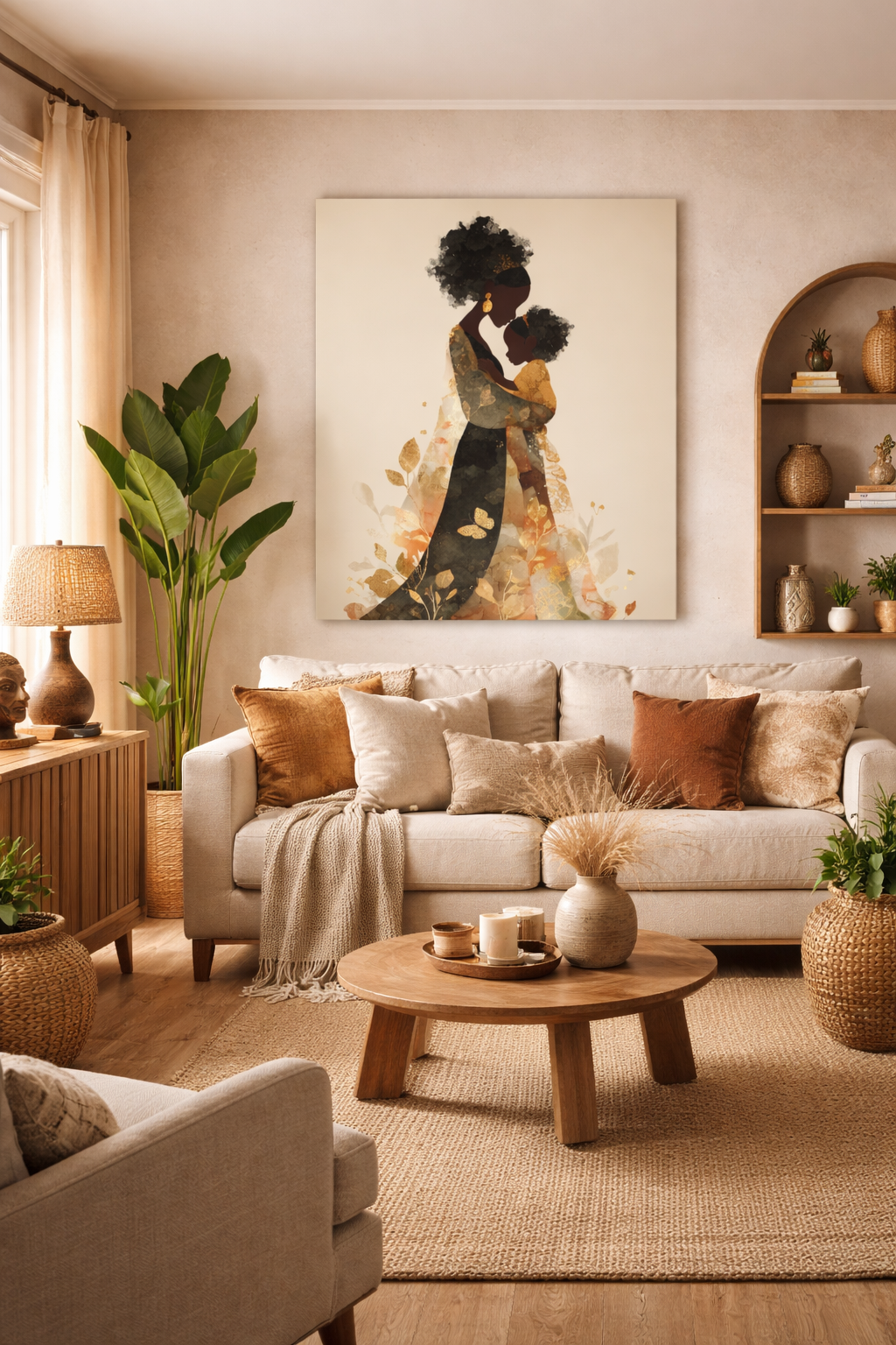 Mother & Child Art Canvas — African American Silhouette Matte Stretched Wall Art