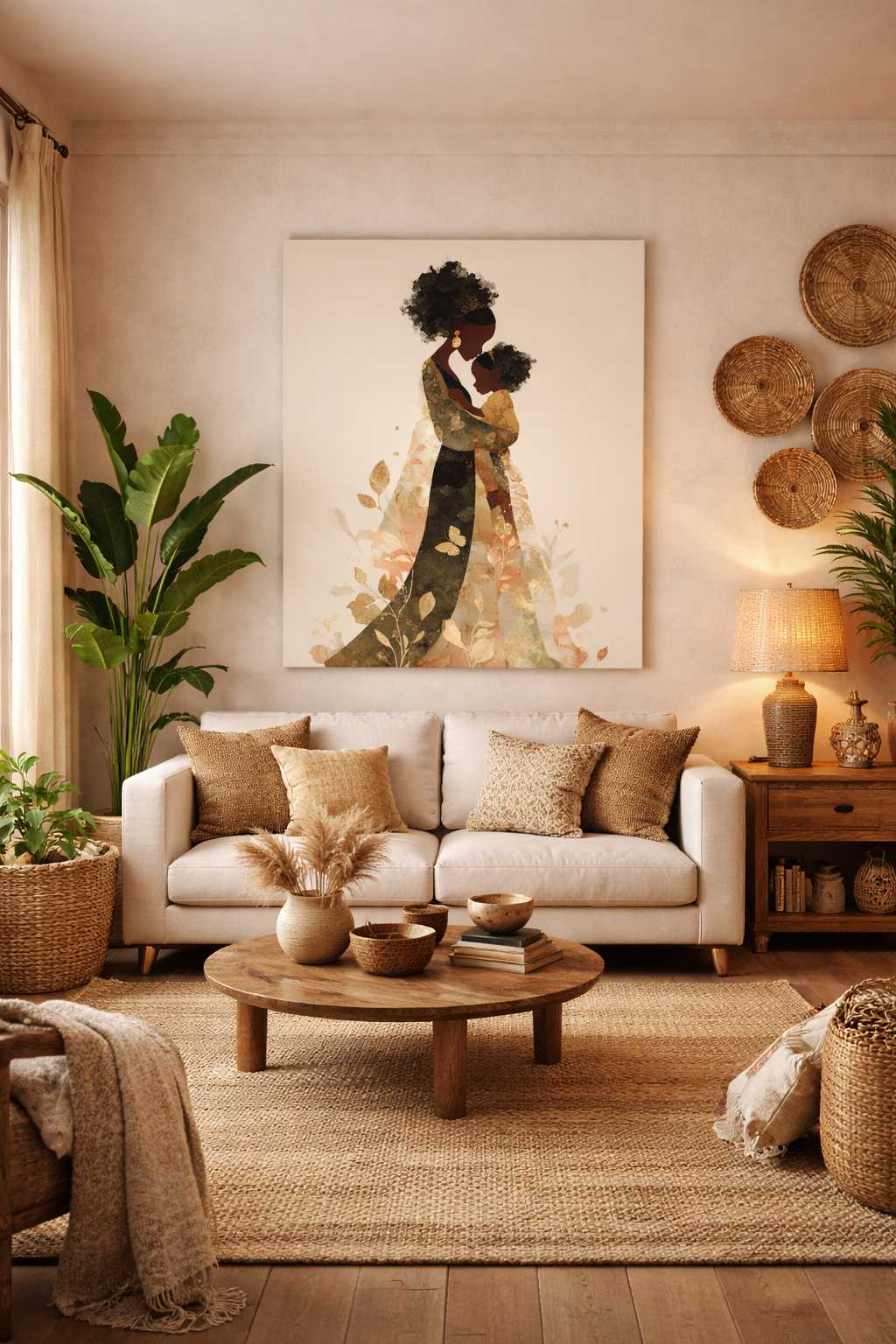 Mother & Child Art Canvas — African American Silhouette Matte Stretched Wall Art