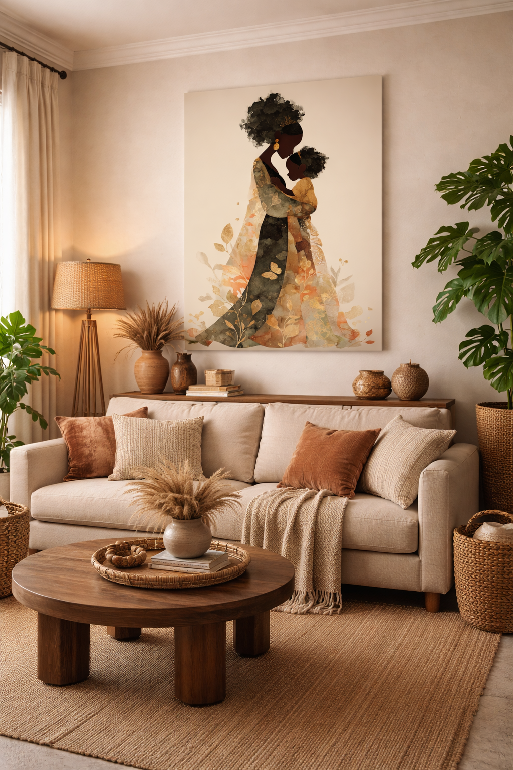 Mother & Child Art Canvas — African American Silhouette Matte Stretched Wall Art