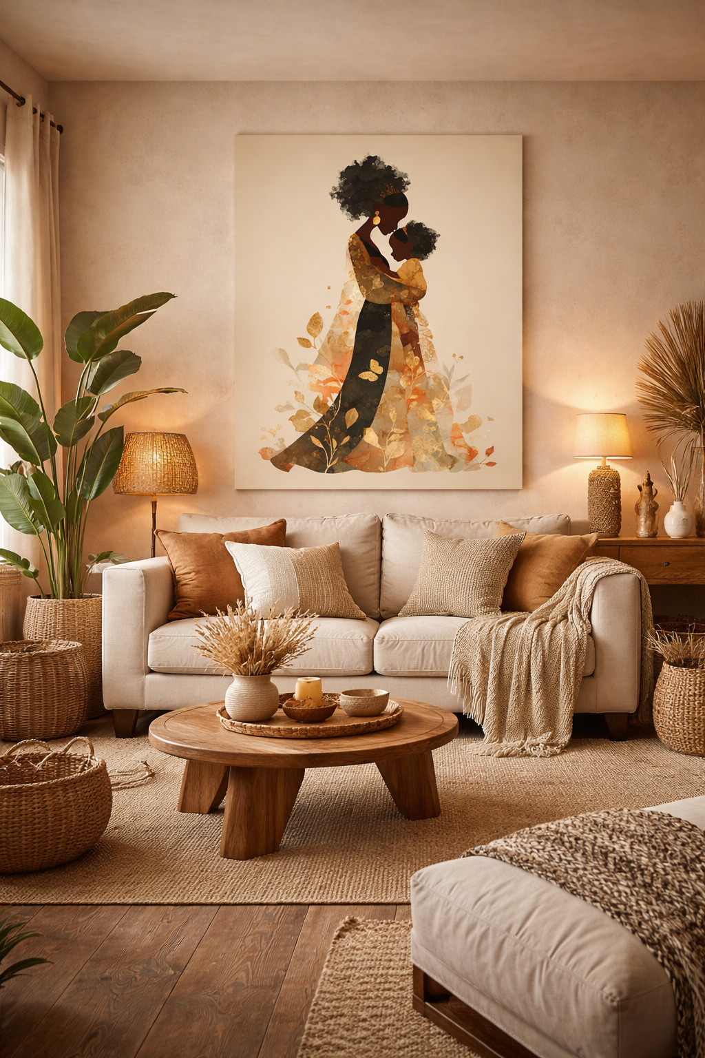 Mother & Child Art Canvas — African American Silhouette Matte Stretched Wall Art