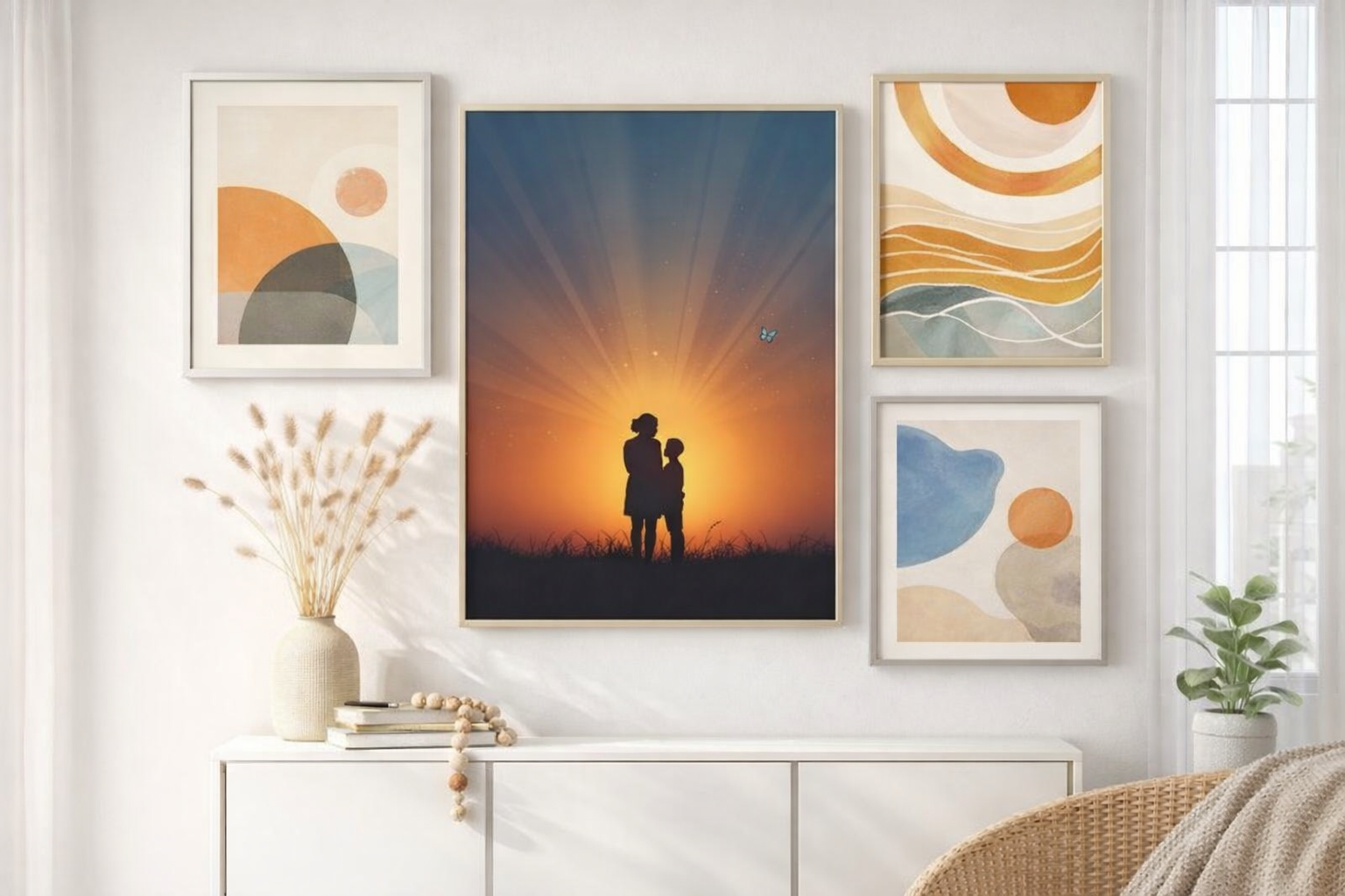 Sunset Silhouette Wall Art Print – Mother and Child Artwork, Emotional Family Decor, Warm Sunset Poster, Minimalist Printable Wall Art
