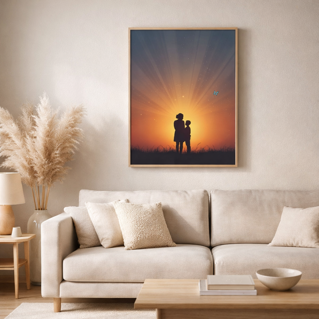 Sunset Silhouette Wall Art Print – Mother and Child Artwork, Emotional Family Decor, Warm Sunset Poster, Minimalist Printable Wall Art