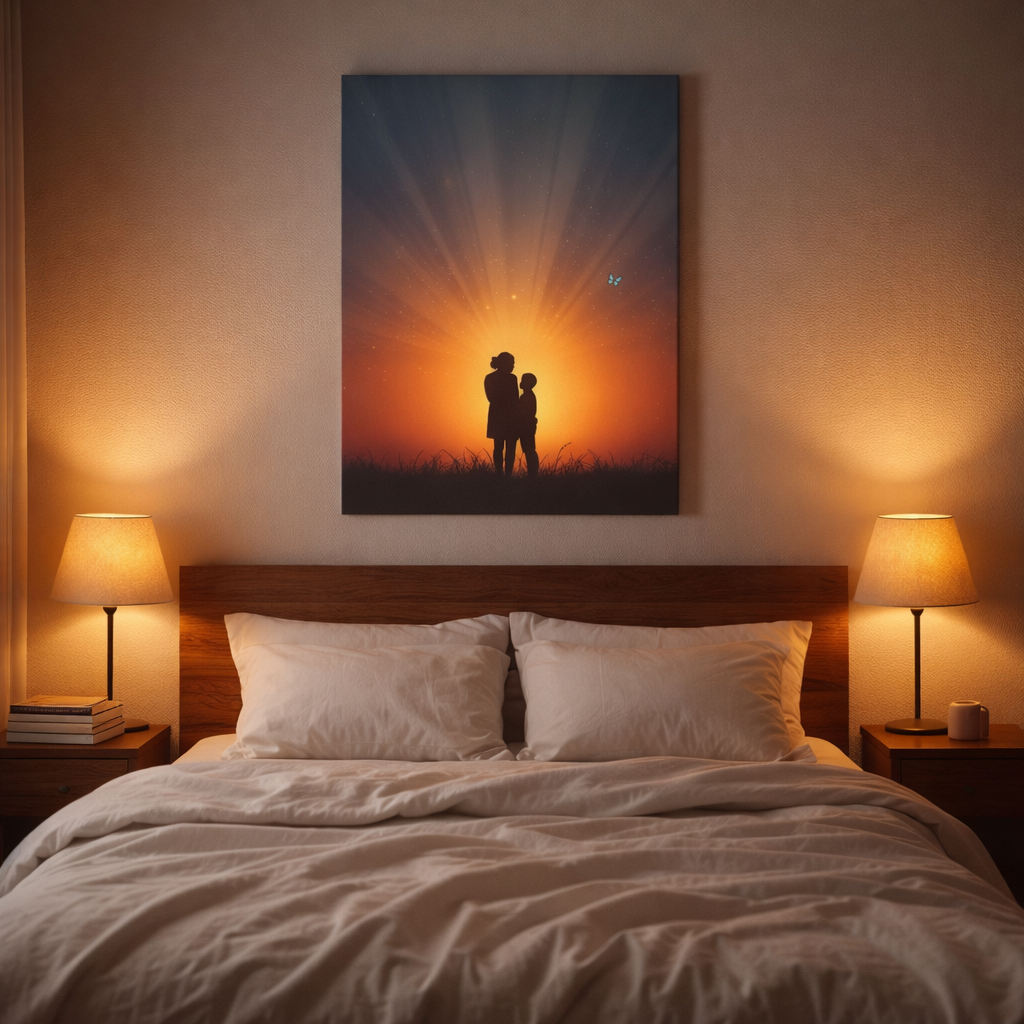 Sunset Silhouette Wall Art Print – Mother and Child Artwork, Emotional Family Decor, Warm Sunset Poster, Minimalist Printable Wall Art