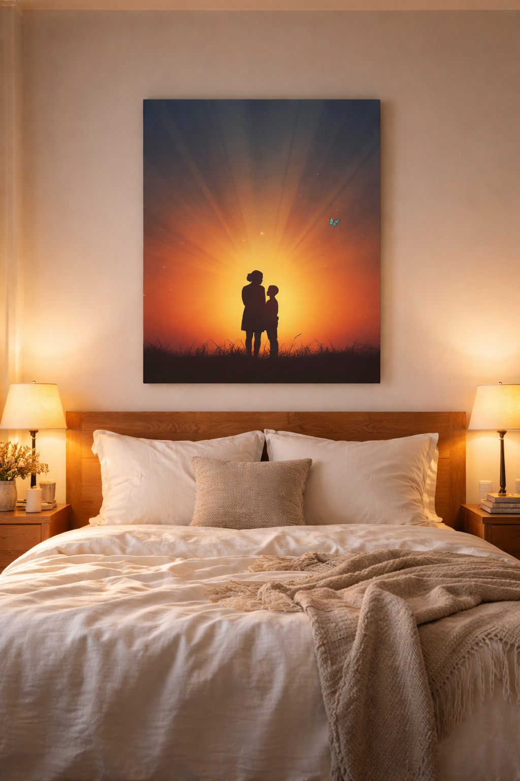 Sunset Silhouette Wall Art Print – Mother and Child Artwork, Emotional Family Decor, Warm Sunset Poster, Minimalist Printable Wall Art