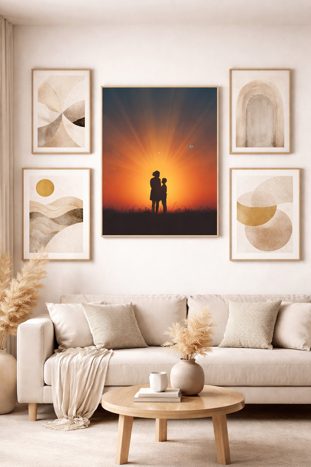 Sunset Silhouette Wall Art Print – Mother and Child Artwork, Emotional Family Decor, Warm Sunset Poster, Minimalist Printable Wall Art