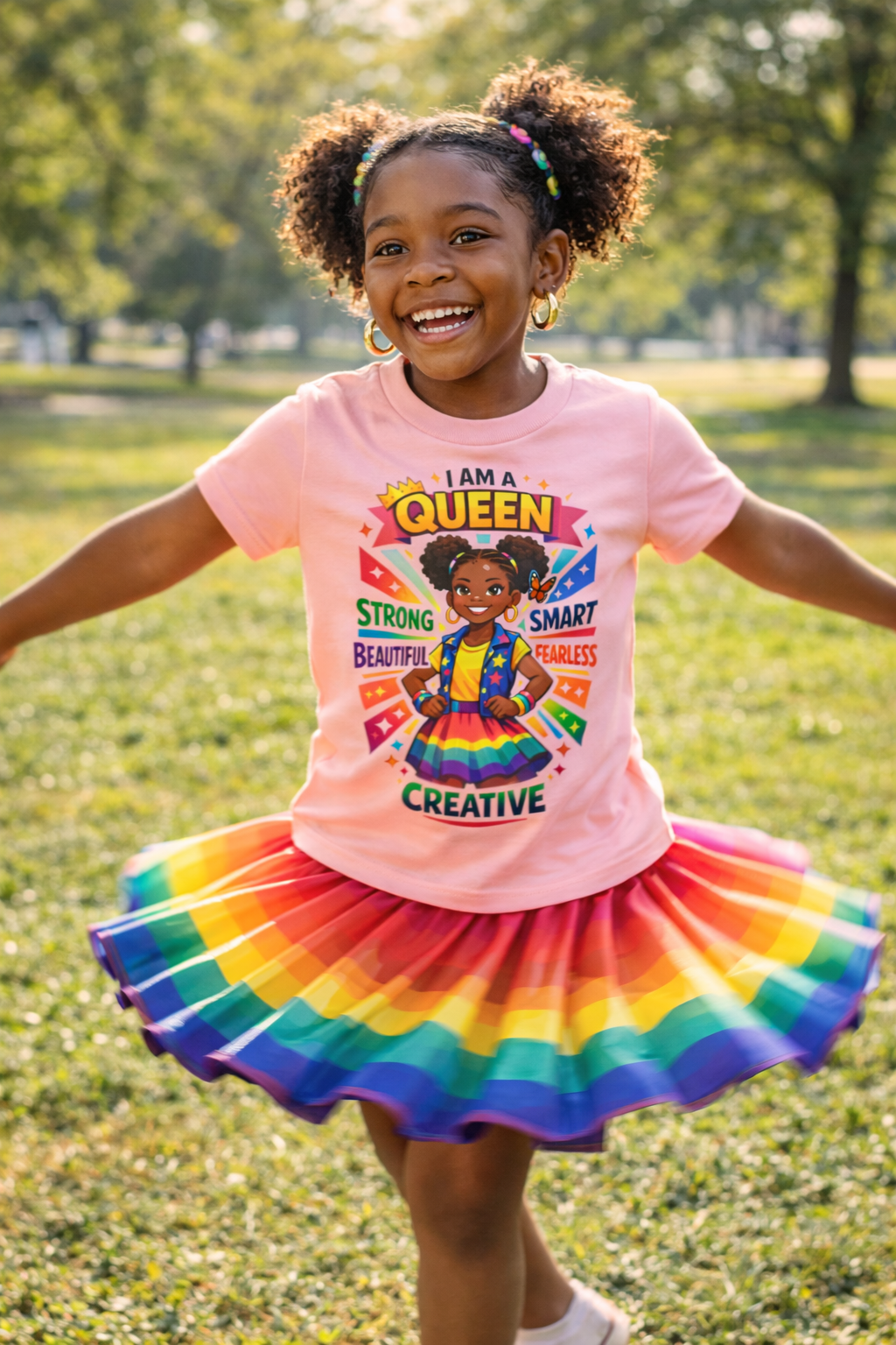 Youth Tee - "Queen" Rainbow Girl Graphic (Strong, Smart, Fearless, Creative)