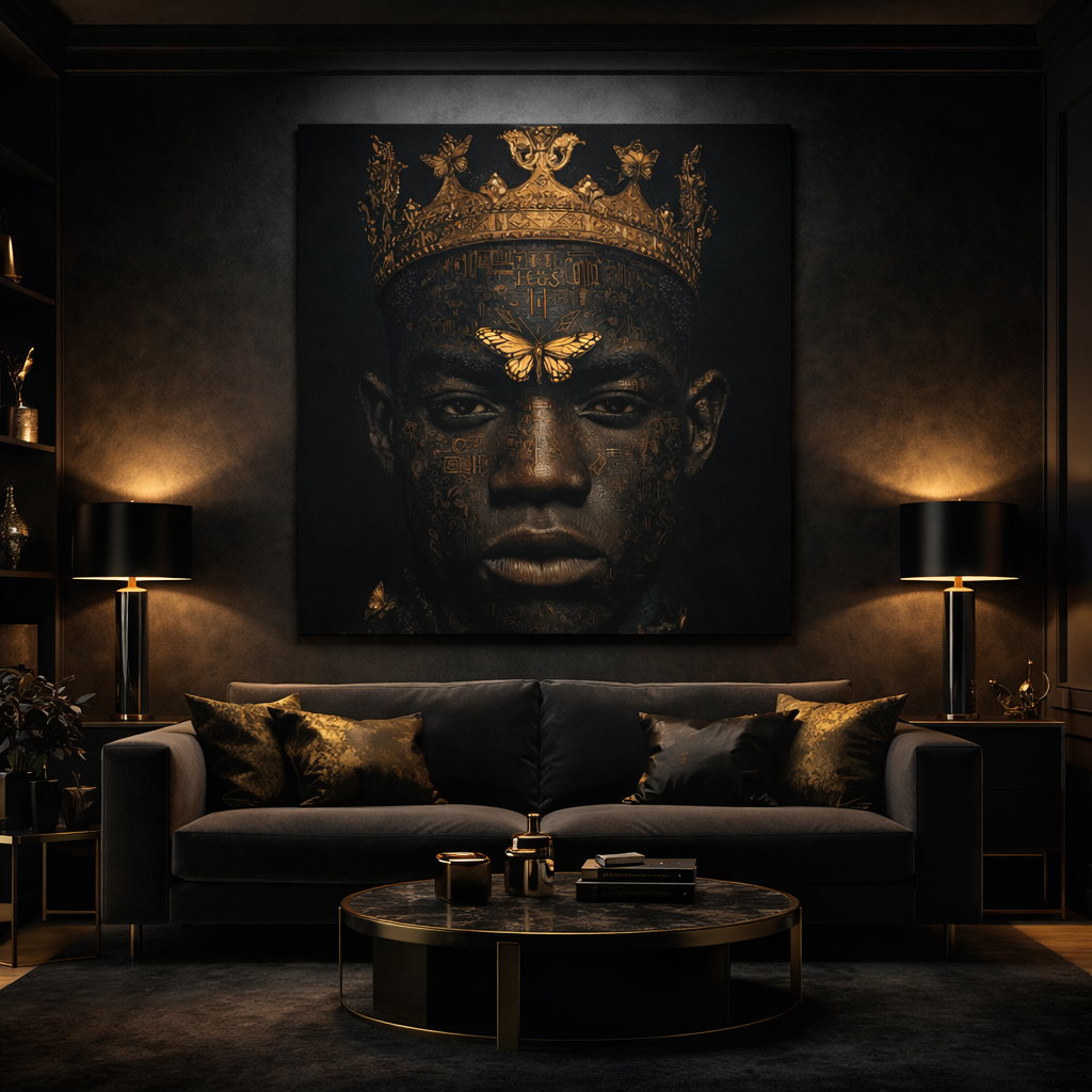Regal King Portrait Canvas Print — Dark Gold Crown Wall Art