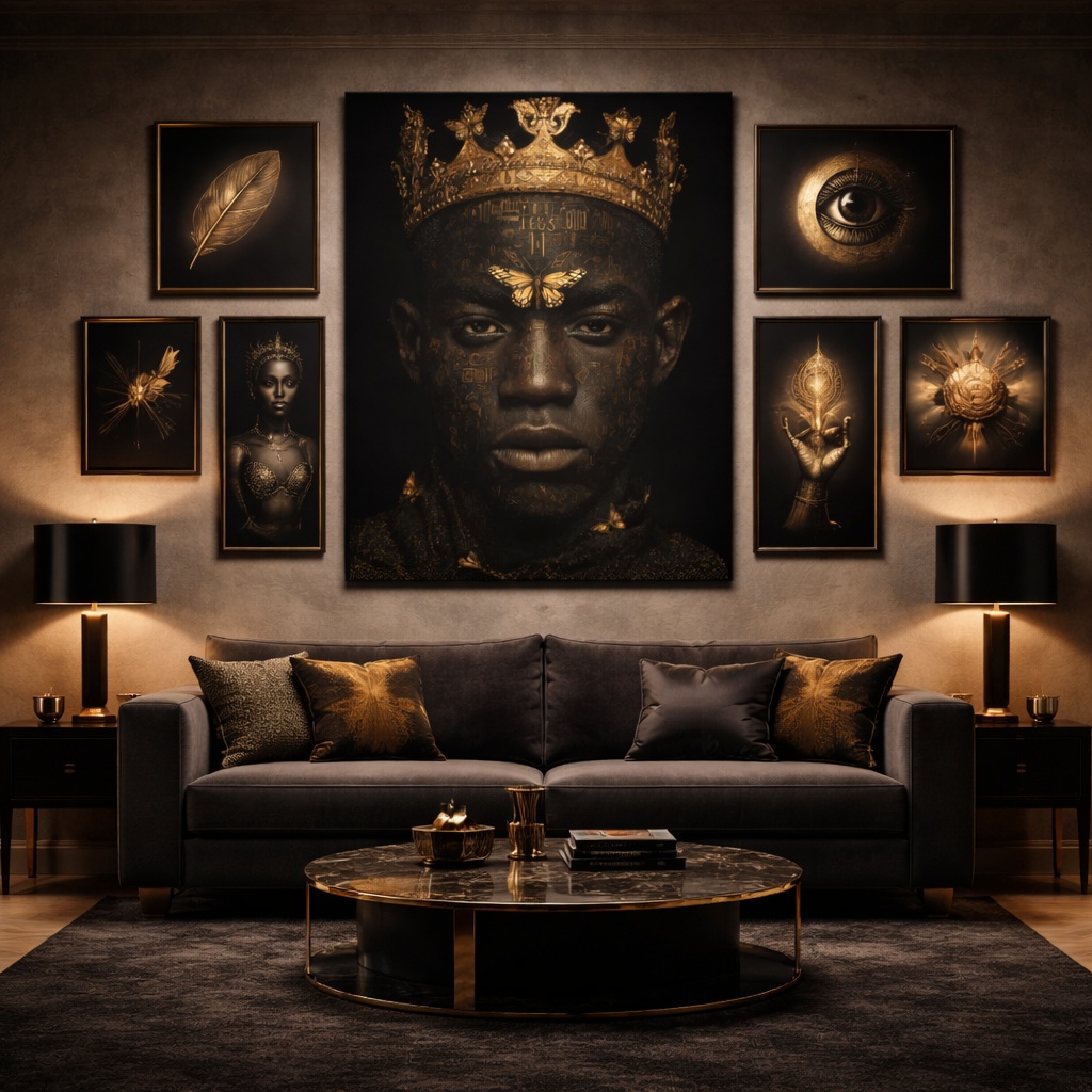 Regal King Portrait Canvas Print — Dark Gold Crown Wall Art