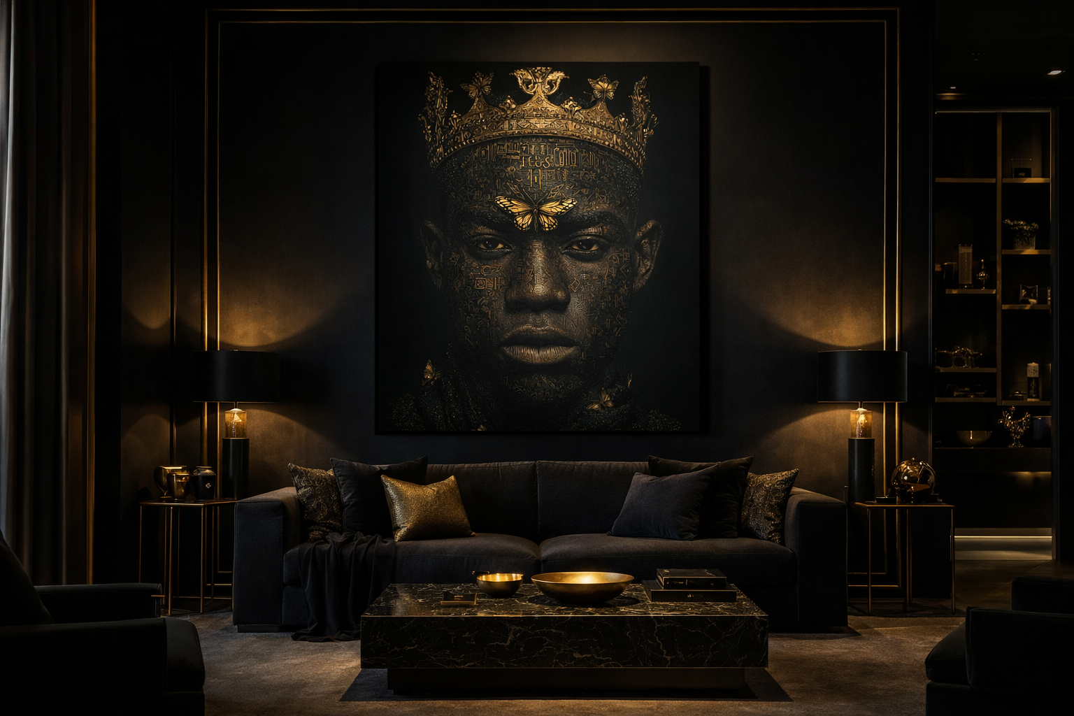 Regal King Portrait Canvas Print — Dark Gold Crown Wall Art