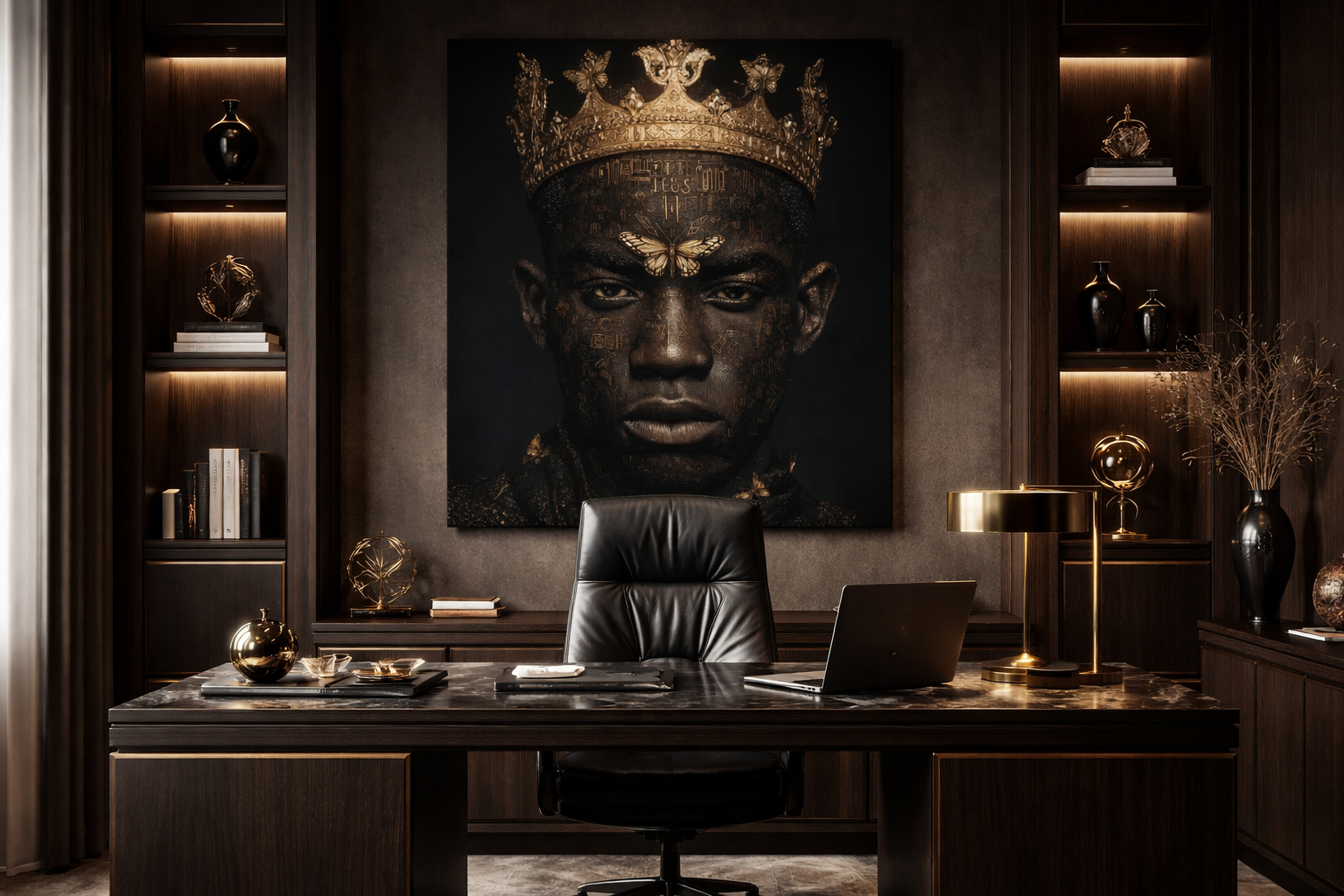 Regal King Portrait Canvas Print — Dark Gold Crown Wall Art