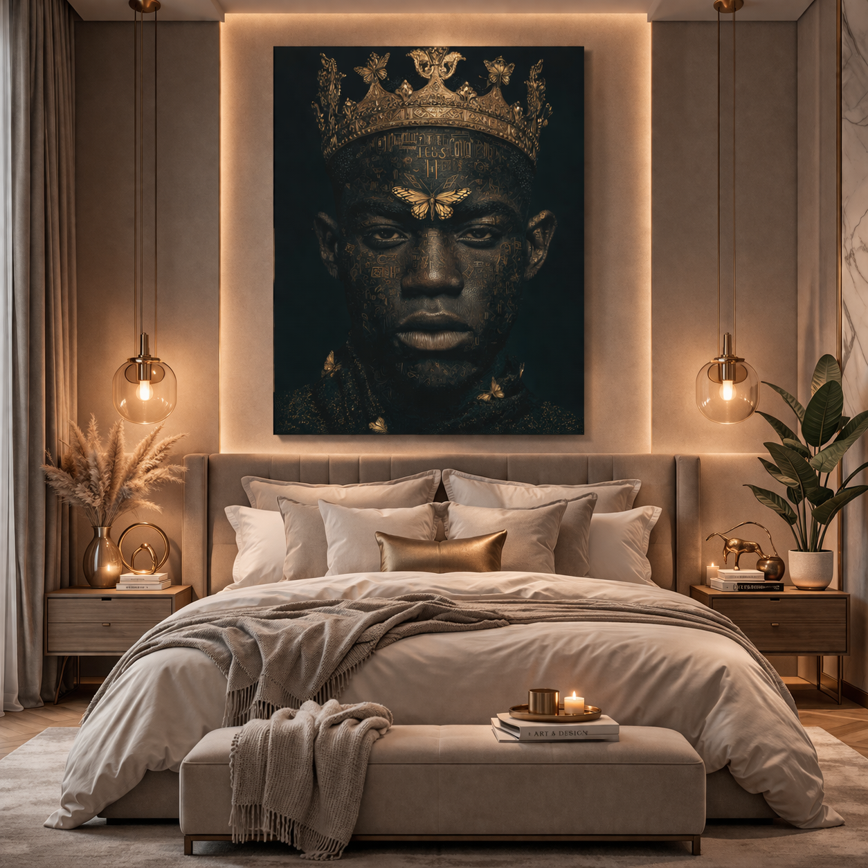 Regal King Portrait Canvas Print — Dark Gold Crown Wall Art
