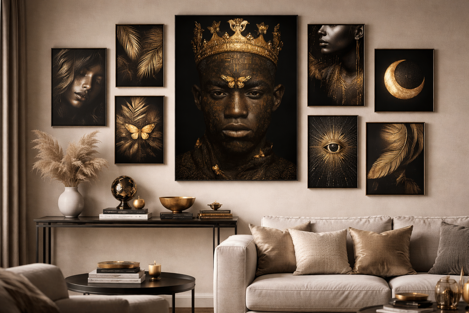 Regal King Portrait Canvas Print — Dark Gold Crown Wall Art