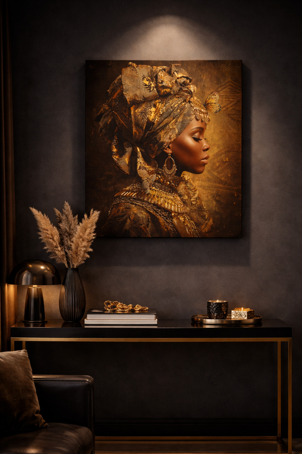 Golden Queen Portrait Canvas – African Goddess Profile Matte Canvas Art
