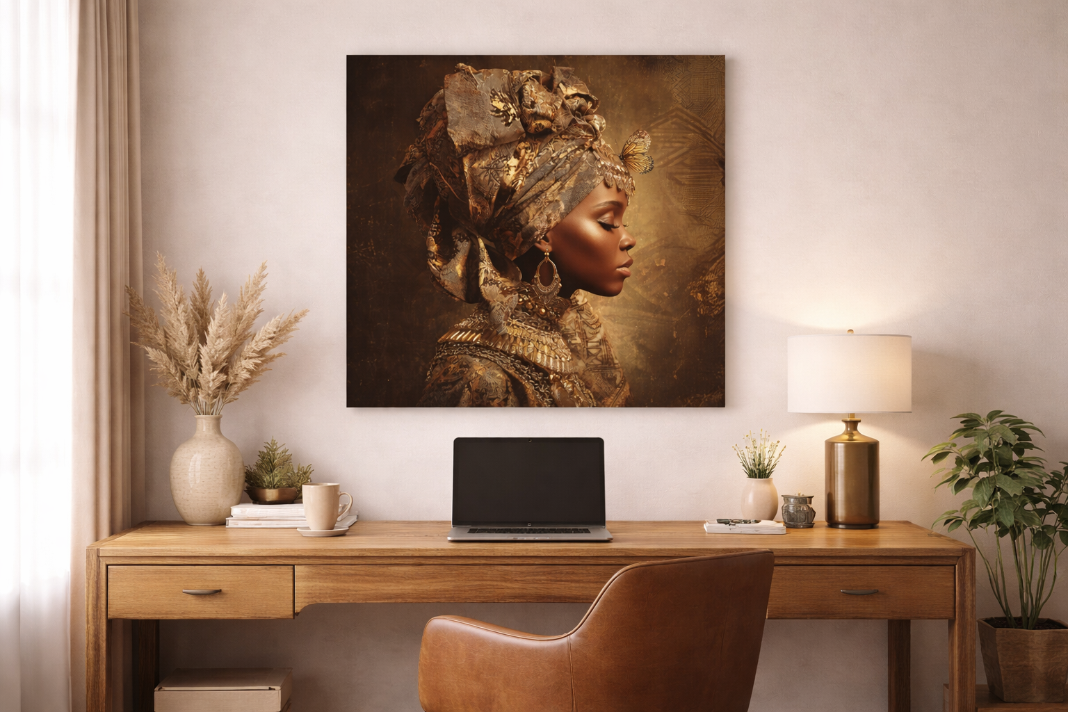 Golden Queen Portrait Canvas – African Goddess Profile Matte Canvas Art