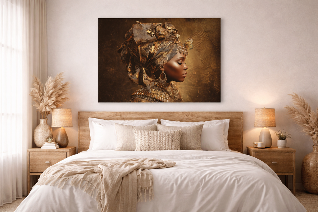 Golden Queen Portrait Canvas – African Goddess Profile Matte Canvas Art