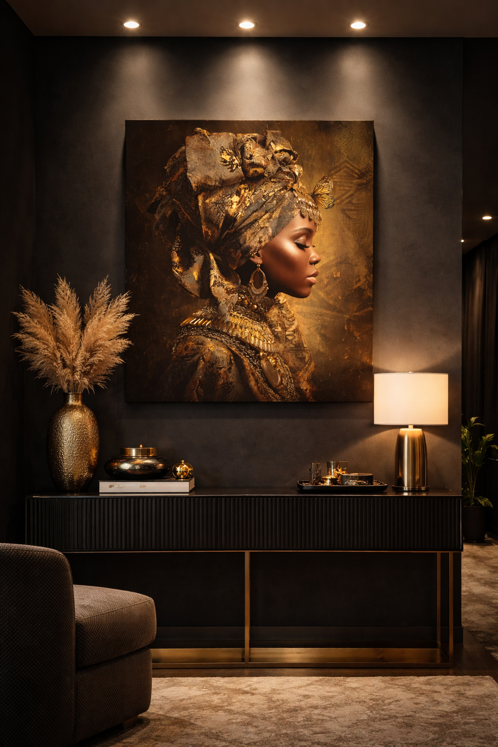 Golden Queen Portrait Canvas – African Goddess Profile Matte Canvas Art