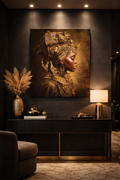 Golden Queen Portrait Canvas – African Goddess Profile Matte Canvas Art